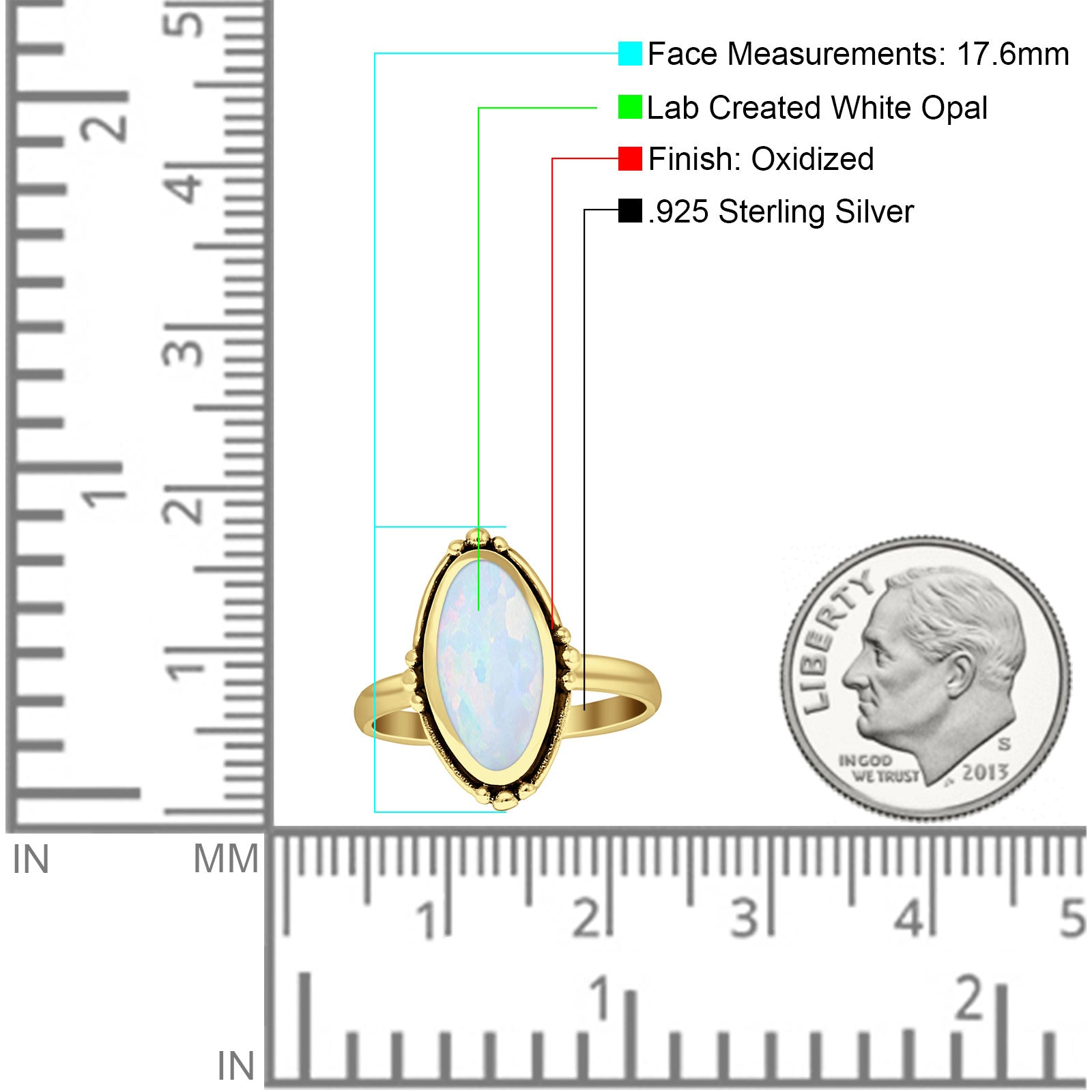 Oval Oxidized Created White & Blue Opal Thumb Ring 925 Sterling Silver