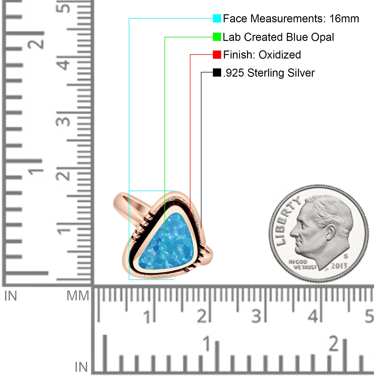 Triangular Ring Created White Opal & Blue Opal Oxidized 925 Sterling Silver