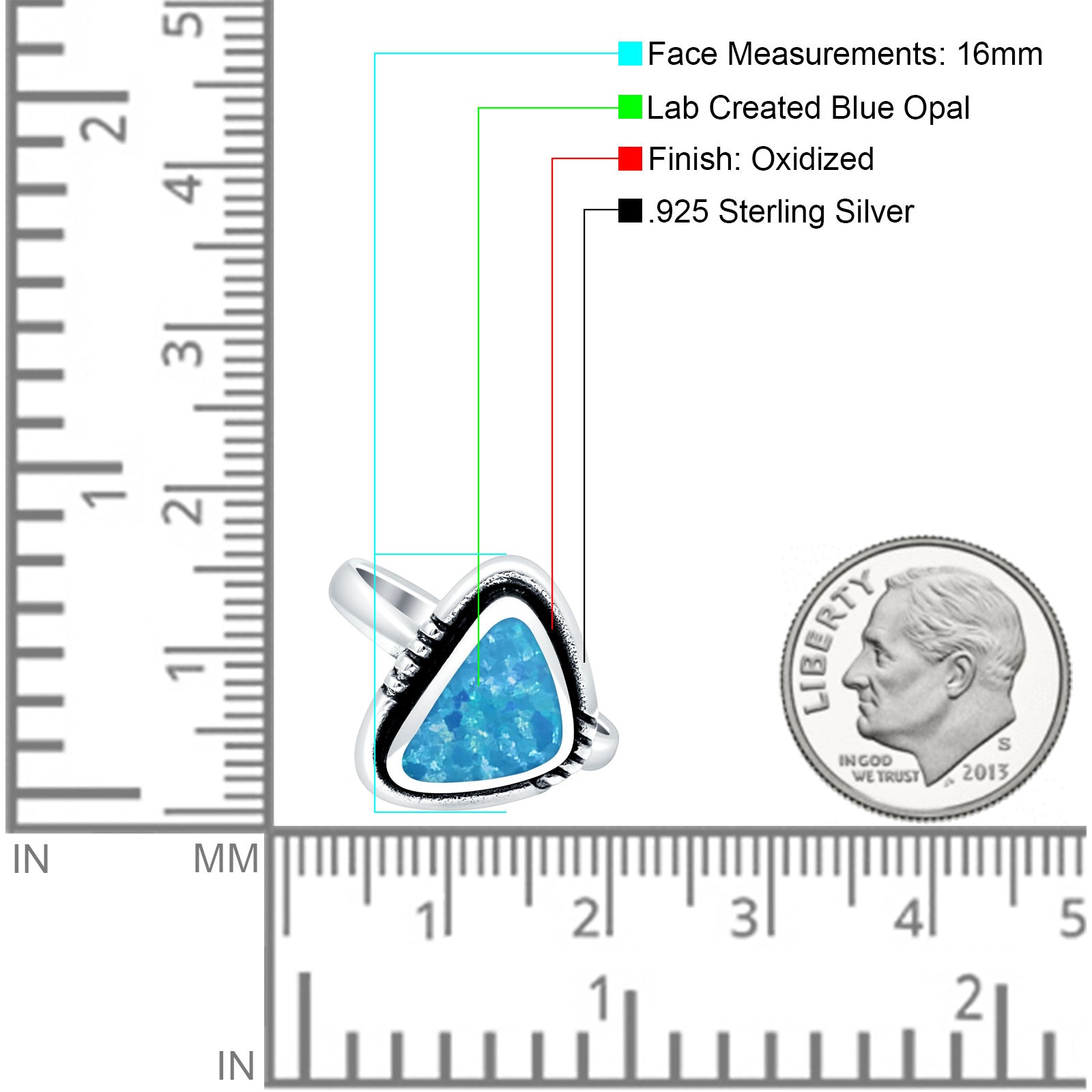 Triangular Ring Created White Opal & Blue Opal Oxidized 925 Sterling Silver