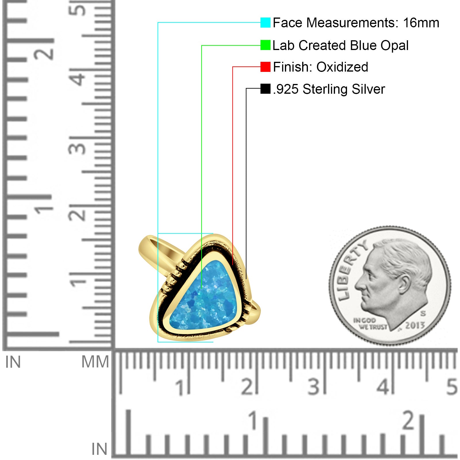 Triangular Ring Created White Opal & Blue Opal Oxidized 925 Sterling Silver