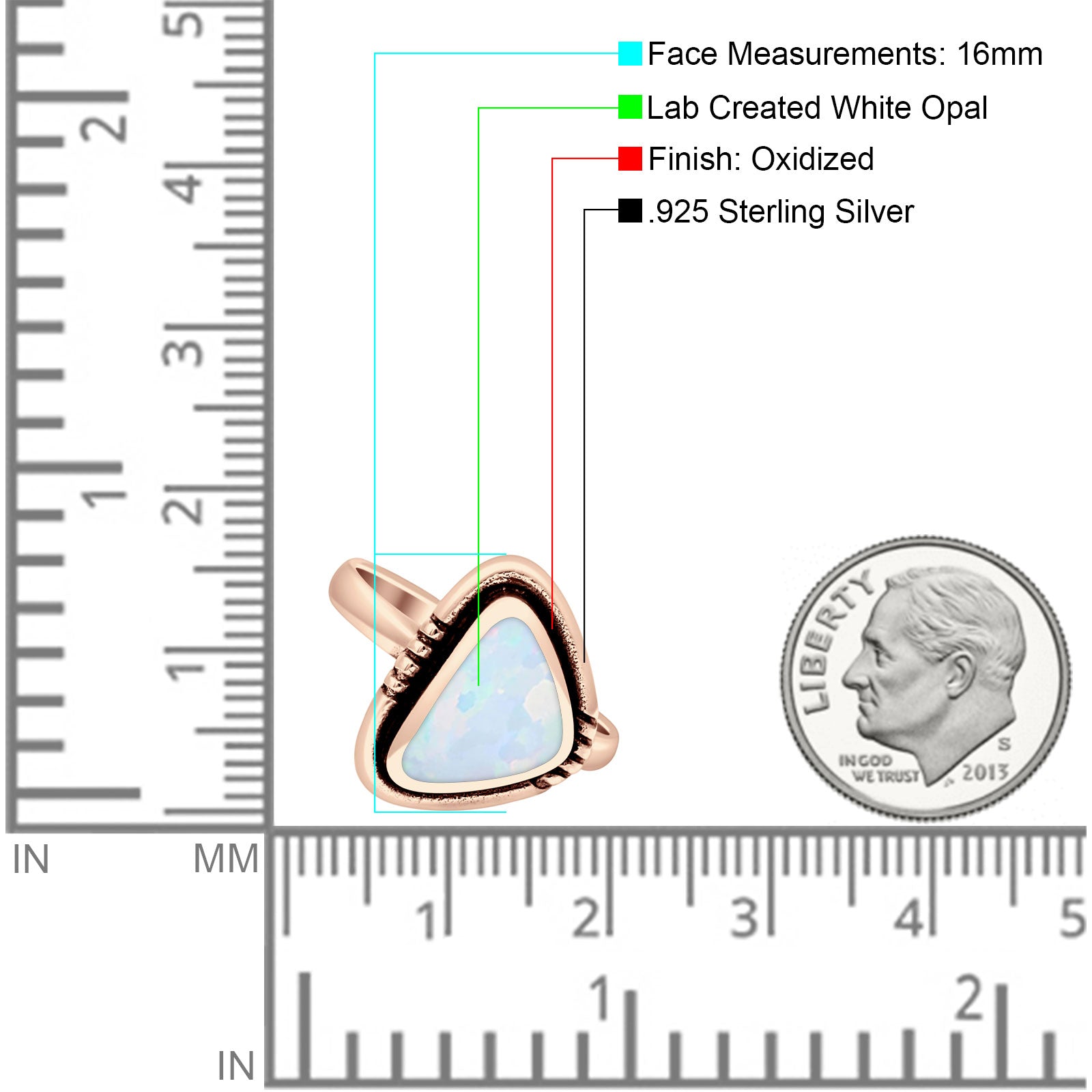 Triangular Ring Created White Opal & Blue Opal Oxidized 925 Sterling Silver