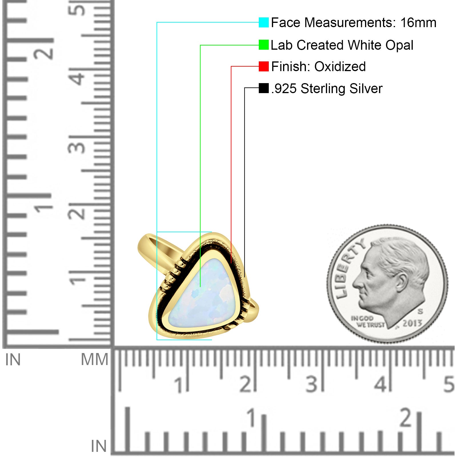 Triangular Ring Created White Opal & Blue Opal Oxidized 925 Sterling Silver