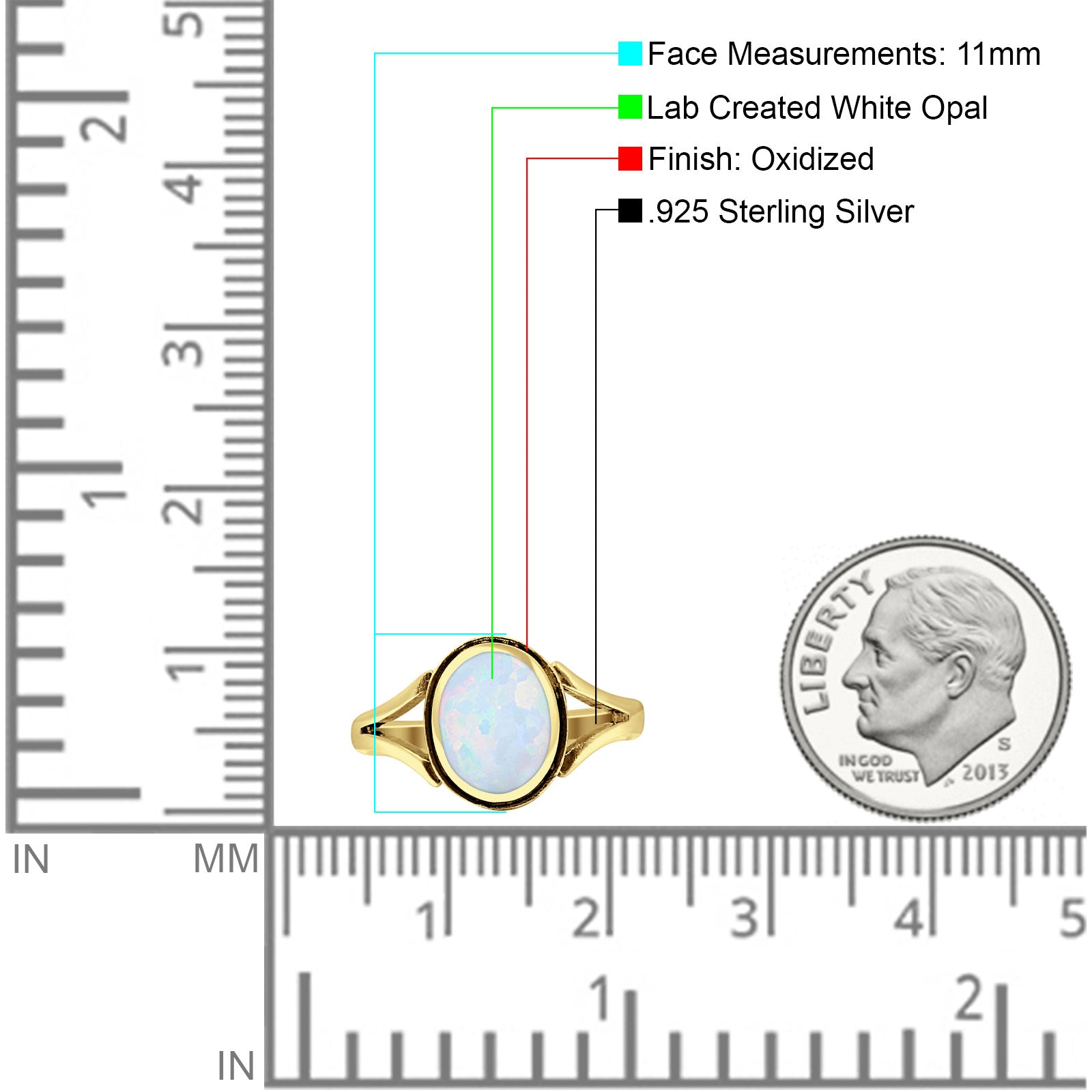 Oval Split Shank Created Opal Oxidized Ring 925 Sterling Silver