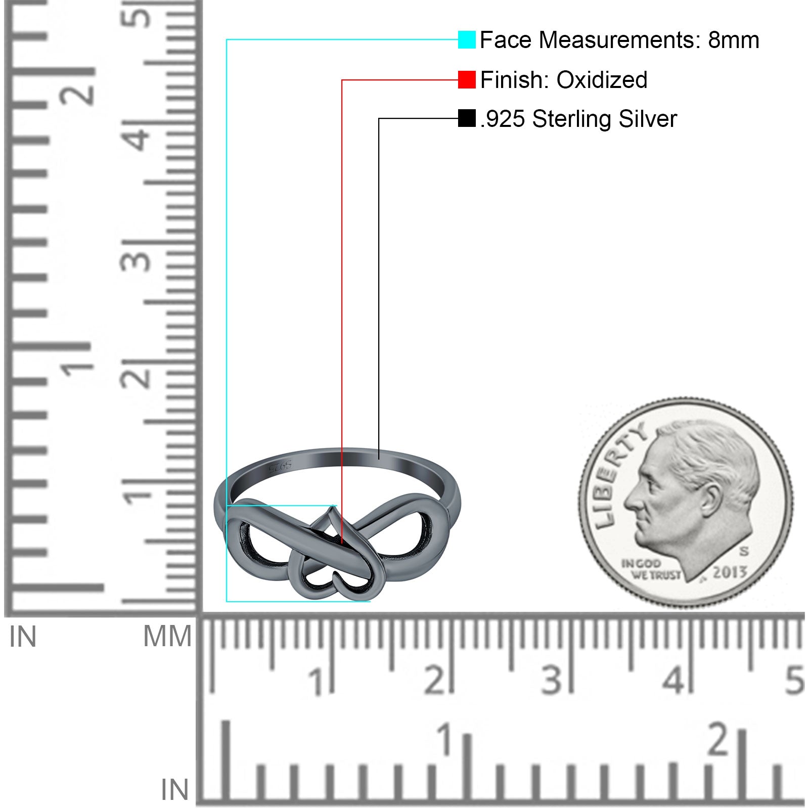 Heart Infinity Ring Oxidized Band 925 Sterling Silver Thumb Ring (8mm)