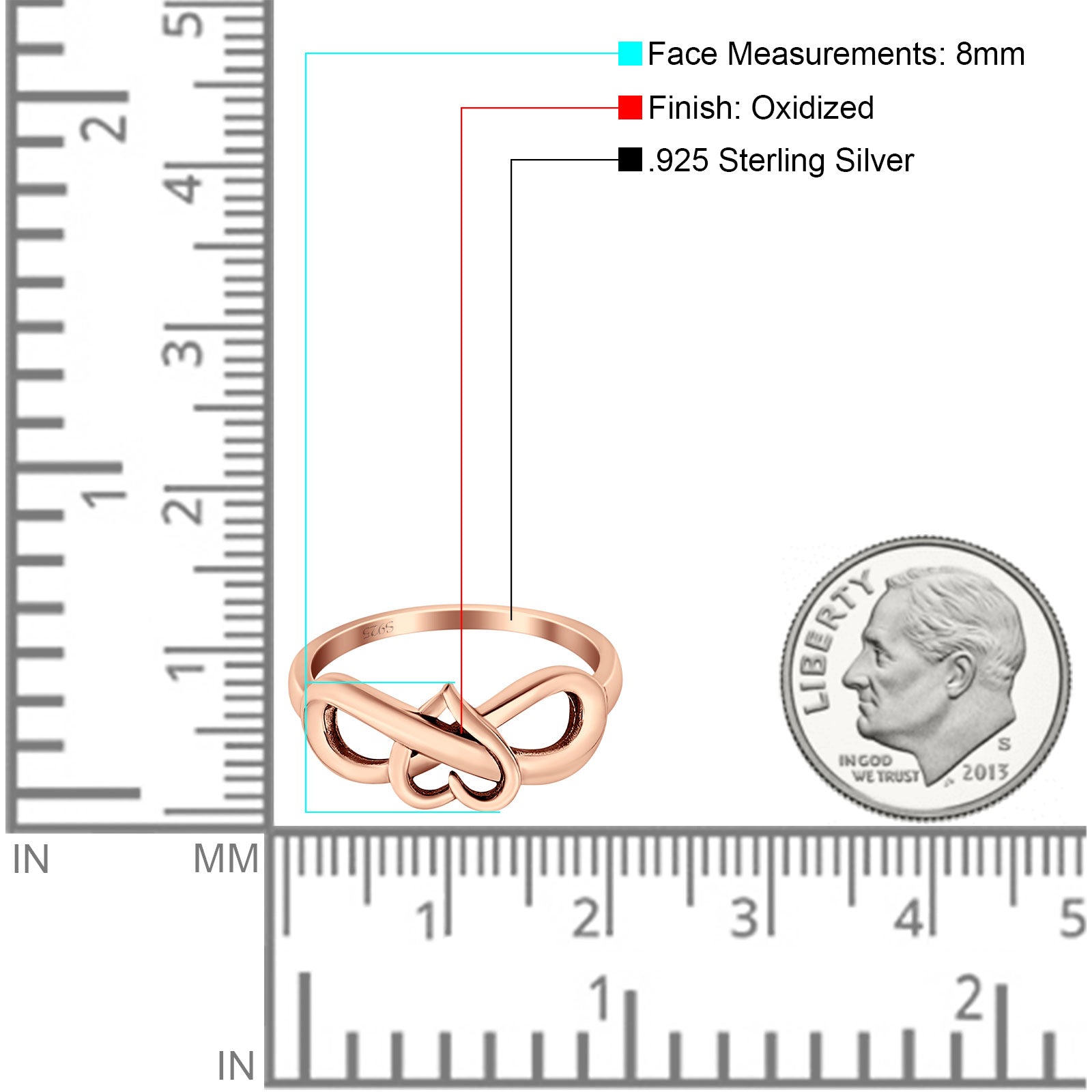 Heart Infinity Ring Oxidized Band 925 Sterling Silver Thumb Ring (8mm)