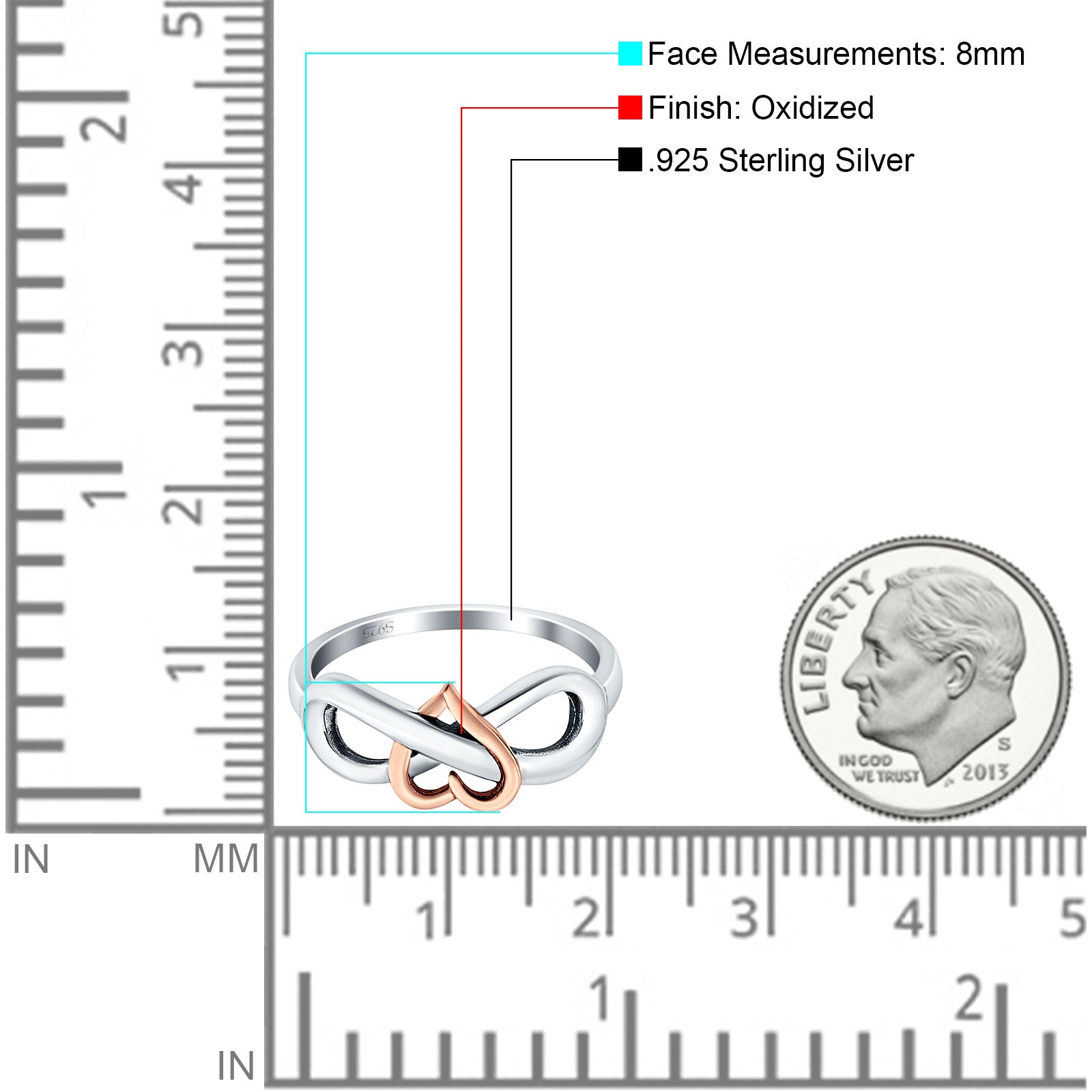 Heart Infinity Ring Oxidized Band 925 Sterling Silver Thumb Ring (8mm)