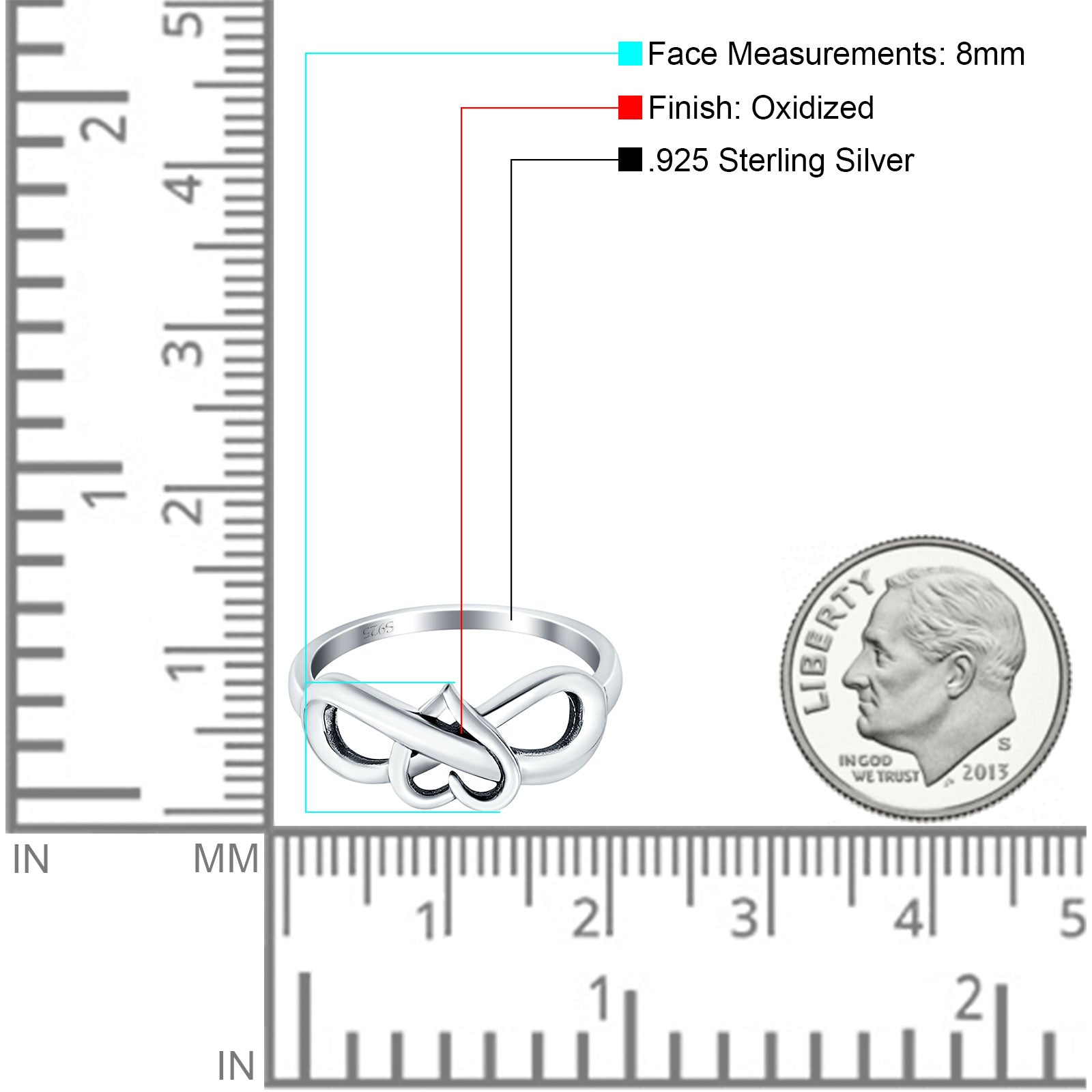 Heart Infinity Ring Oxidized Band 925 Sterling Silver Thumb Ring (8mm)