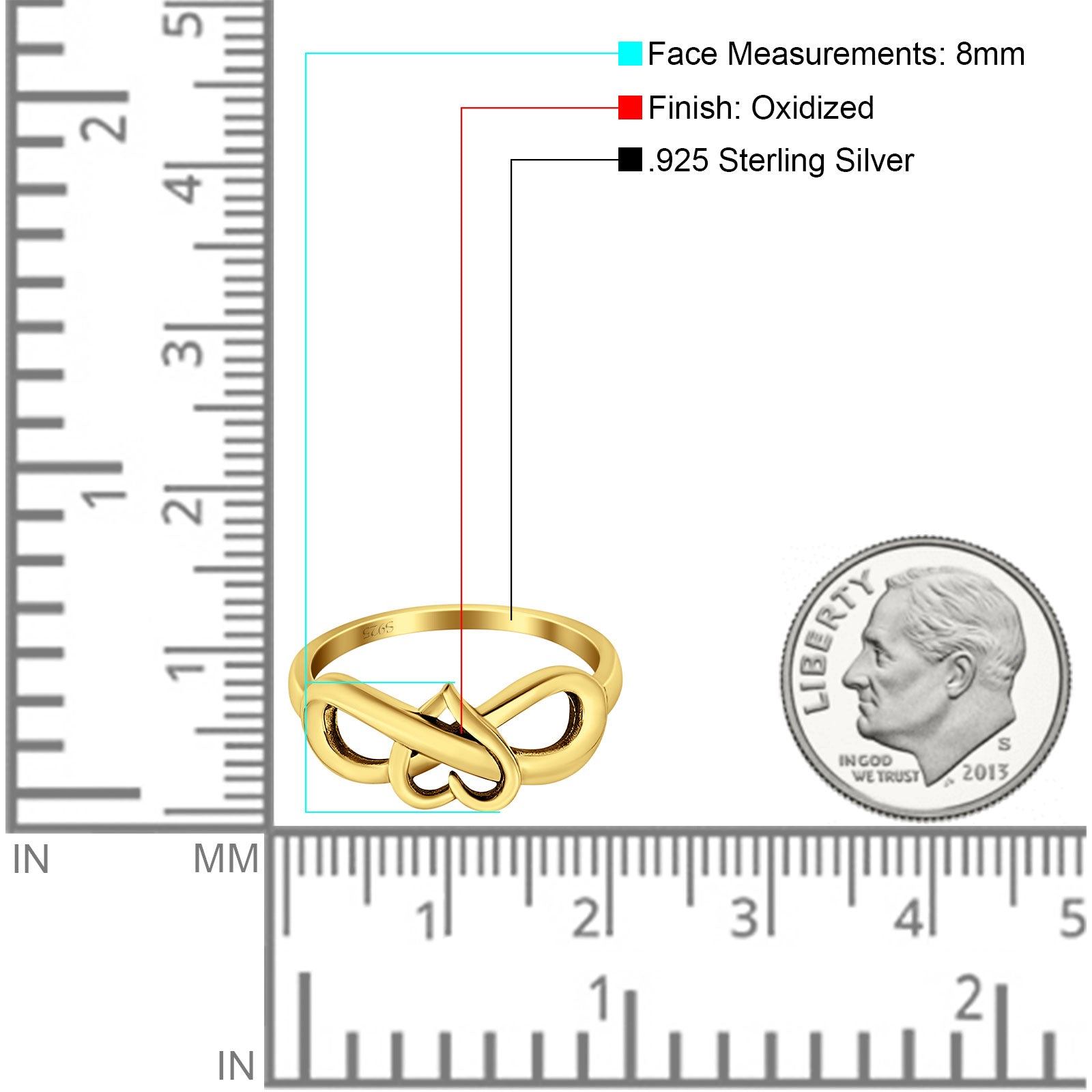 Heart Infinity Ring Oxidized Band 925 Sterling Silver Thumb Ring (8mm)