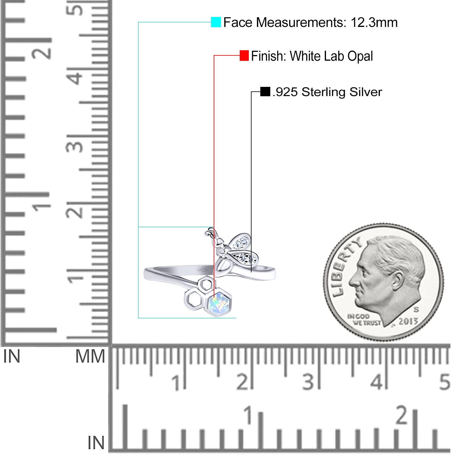 Bee with Honeycomb Thumb Ring Hexagon Lab Created Opal Statement Fashion Ring 925 Sterling Silver