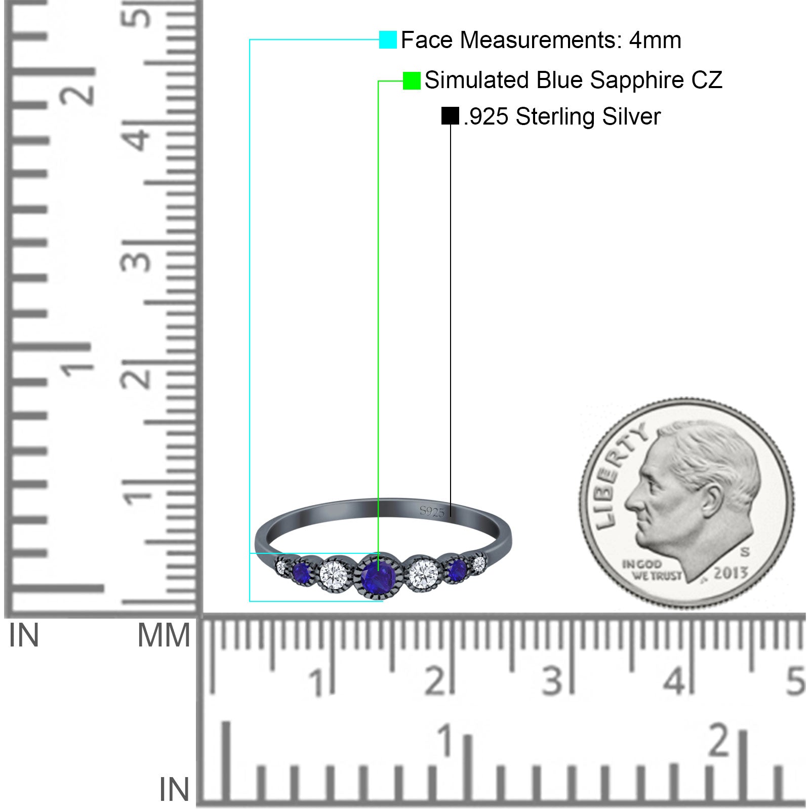 Half Eternity Band Round Simulated Blue Sapphire Cubic Zirconia 925 Sterling Silver (4mm)
