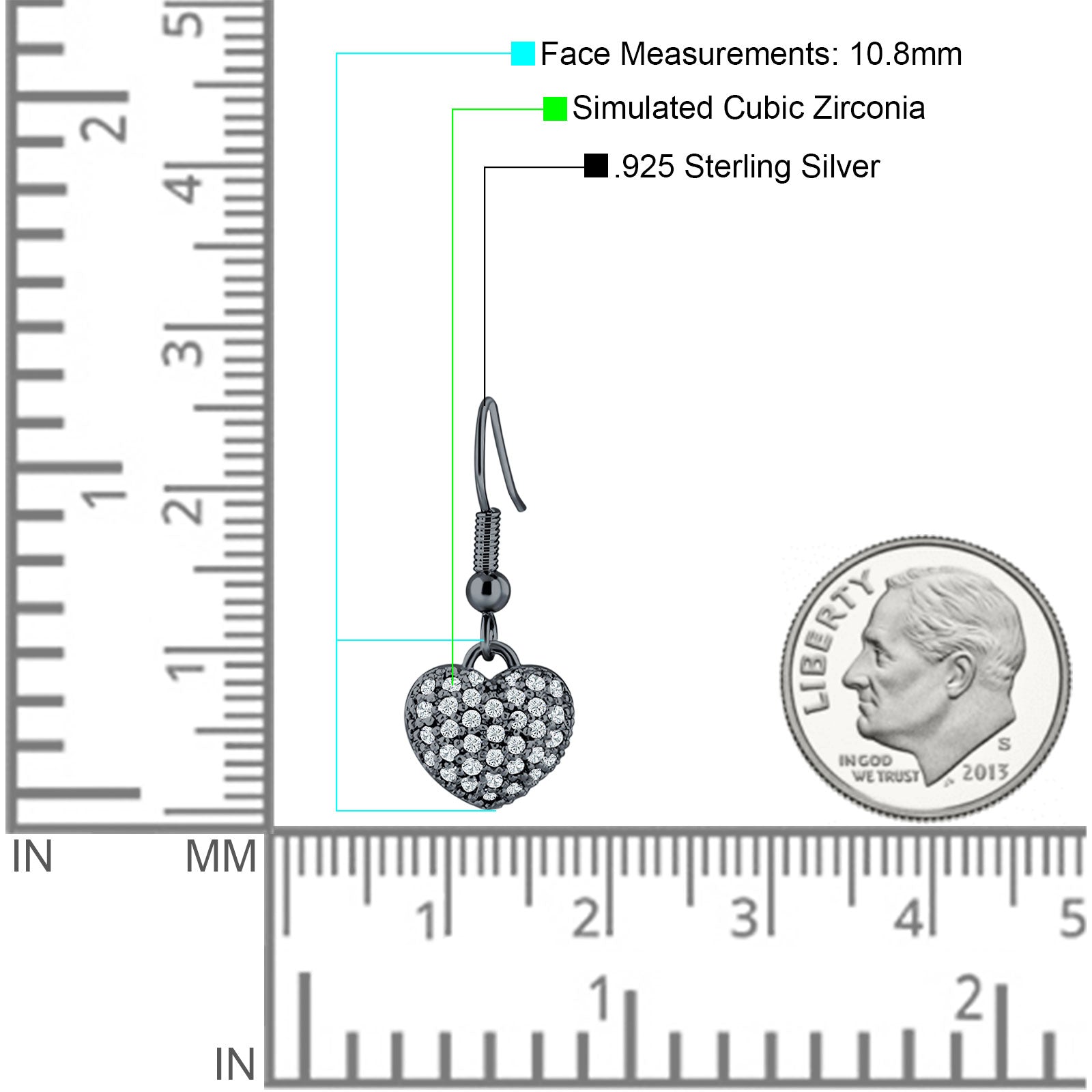 Sparkling Heart Cluster Drop Fish-Hook Earrings Cubic Zirconia 925 Sterling Silver