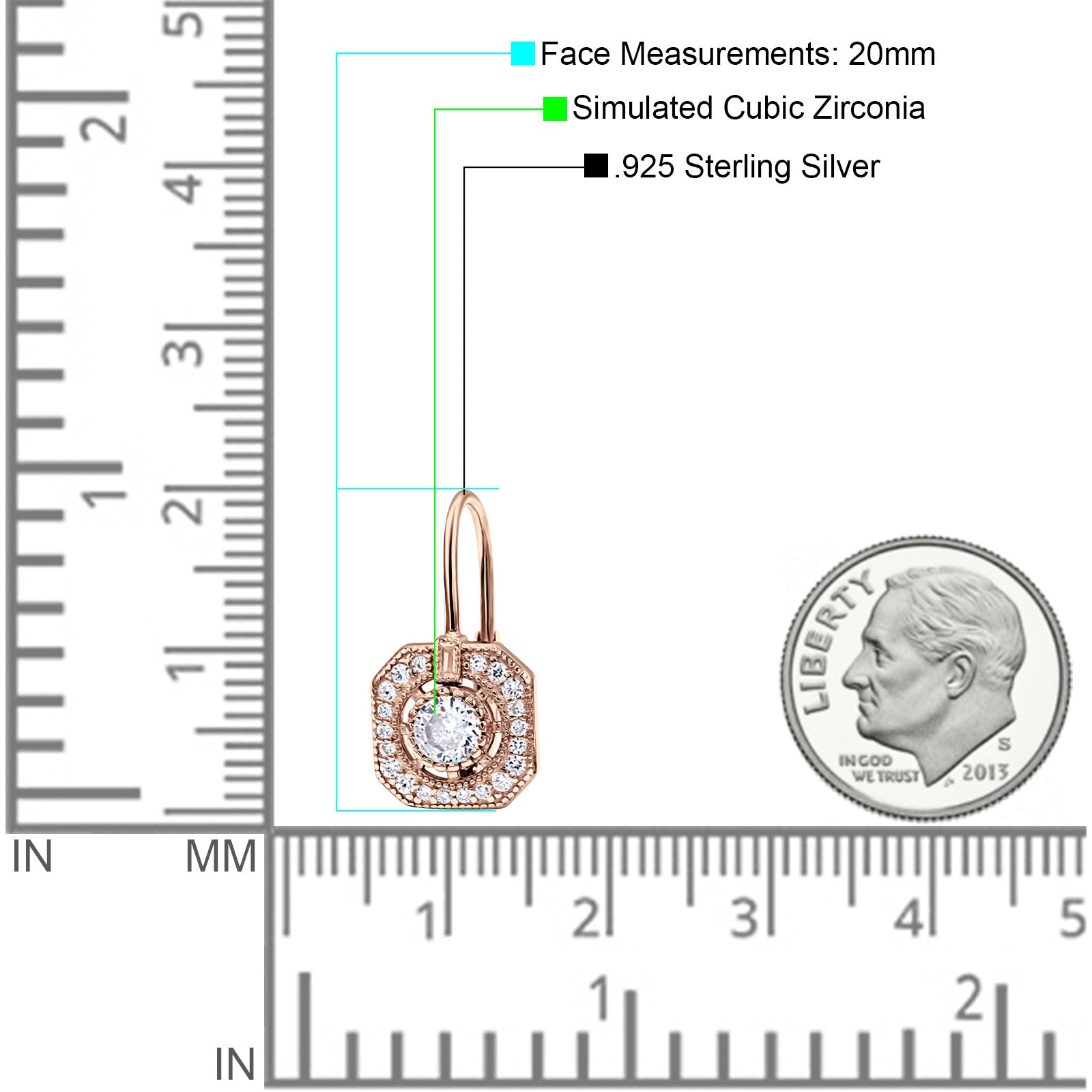 Halo Octagonal Earrings Cubic Zirconia 925 Sterling Silver