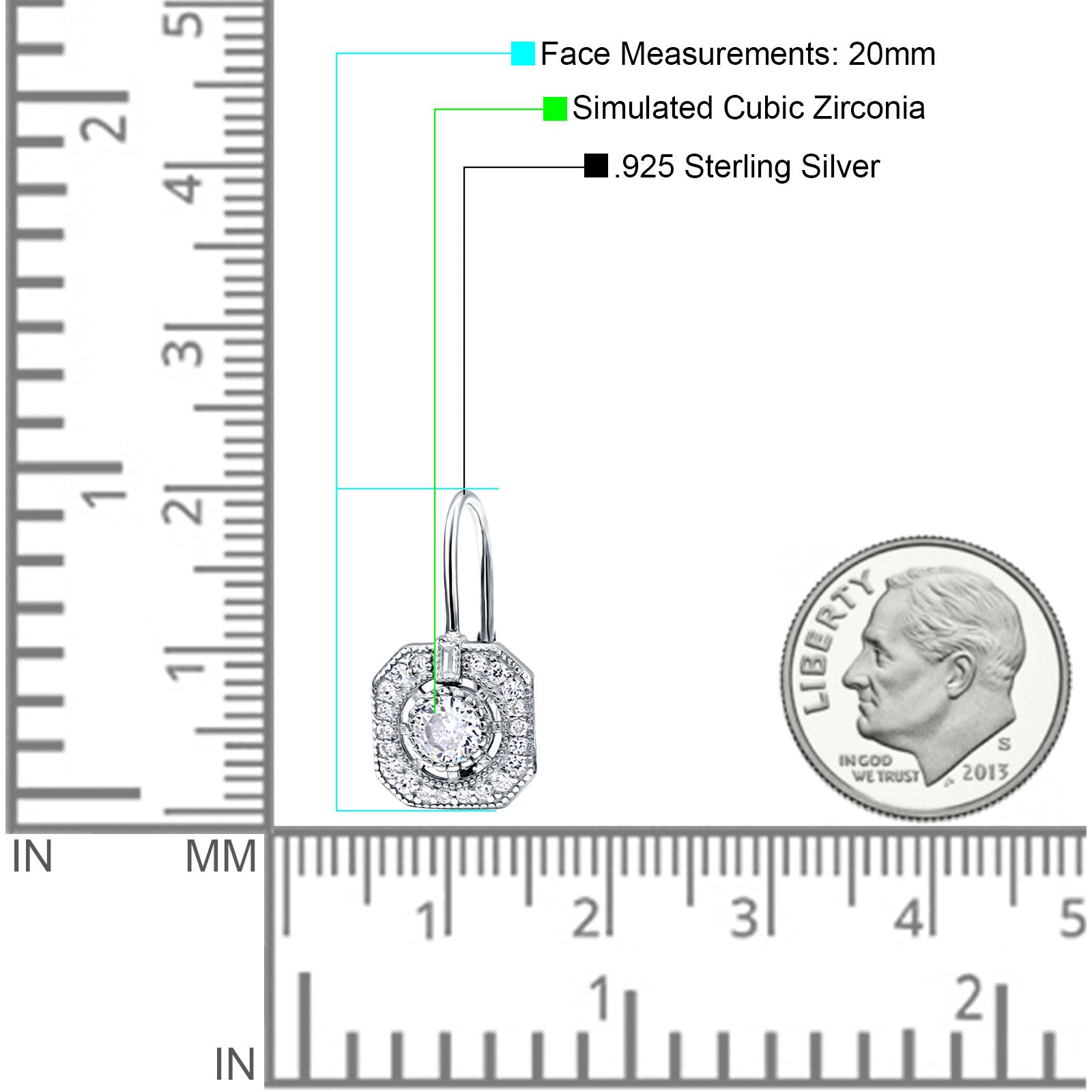 Halo Octagonal Earrings Cubic Zirconia 925 Sterling Silver