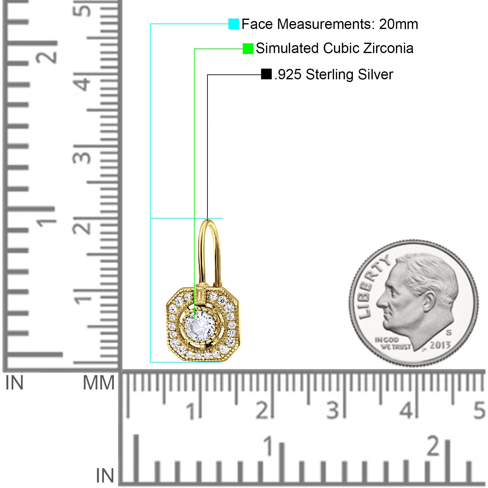 Halo Octagonal Earrings Cubic Zirconia 925 Sterling Silver