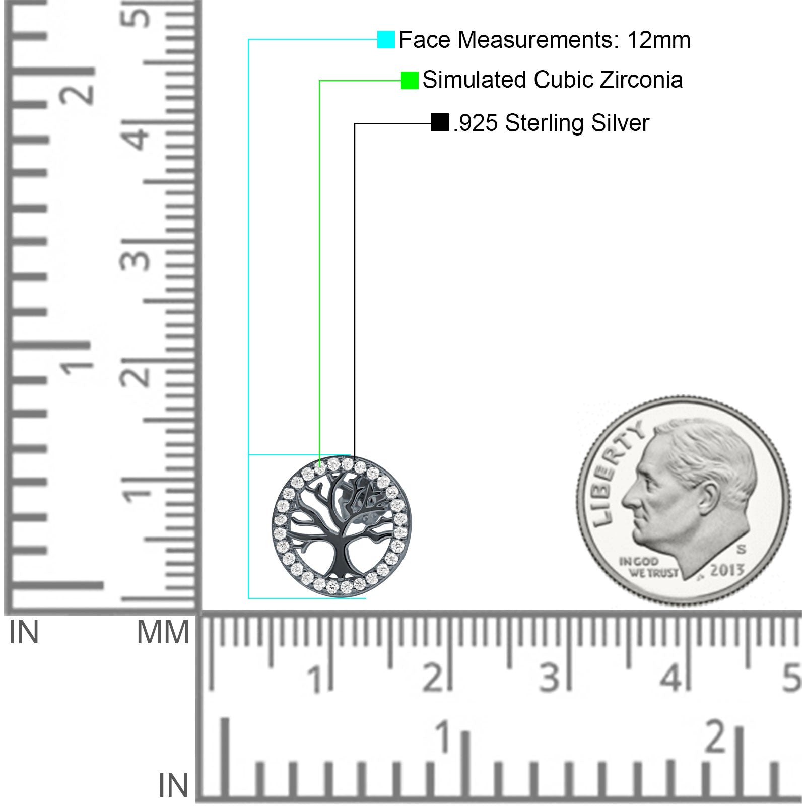 Tree Of Life Stud Earrings Cubic Zirconia 925 Sterling Silver