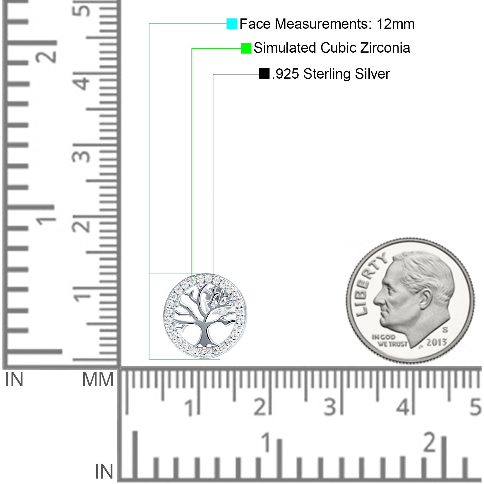 Tree Of Life Stud Earrings Cubic Zirconia 925 Sterling Silver