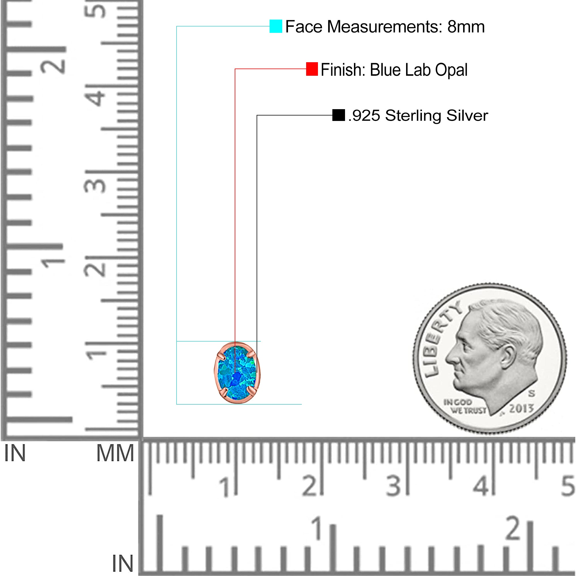 Art Deco Oval Stud Earring Created Opal Solid 925 Sterling Silver (8mm)