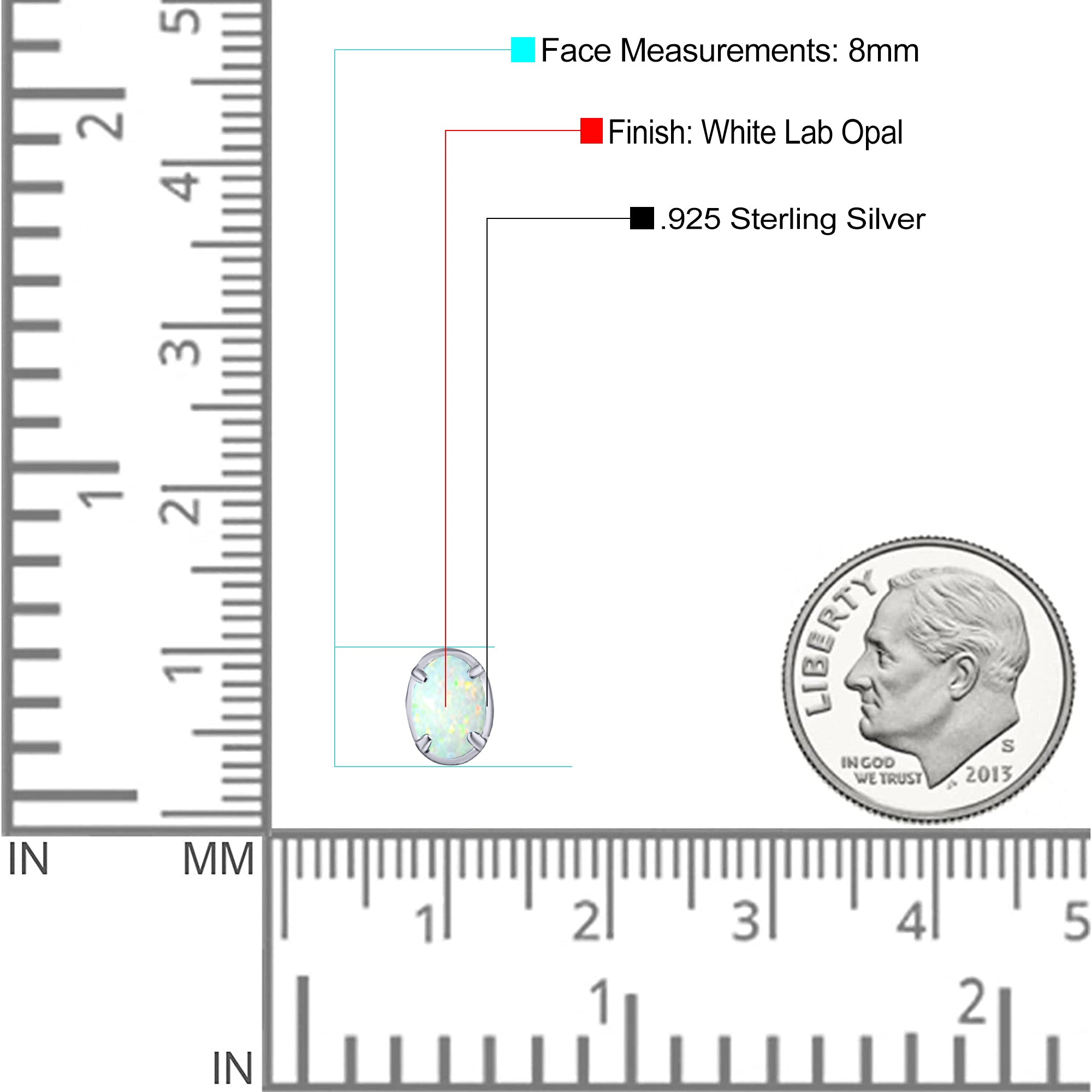 Art Deco Oval Stud Earring Created Opal Solid 925 Sterling Silver (8mm)