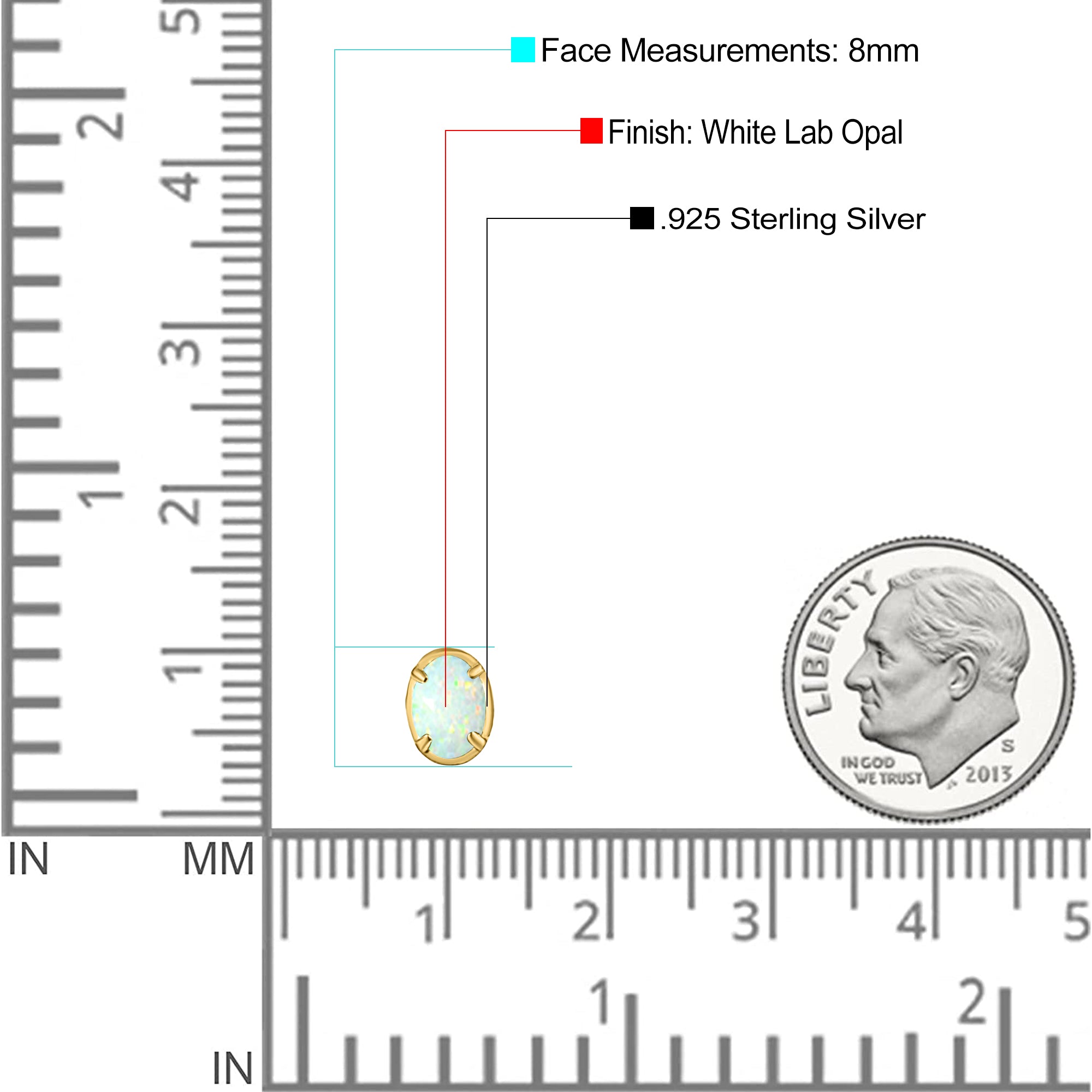 Art Deco Oval Stud Earring Created Opal Solid 925 Sterling Silver (8mm)
