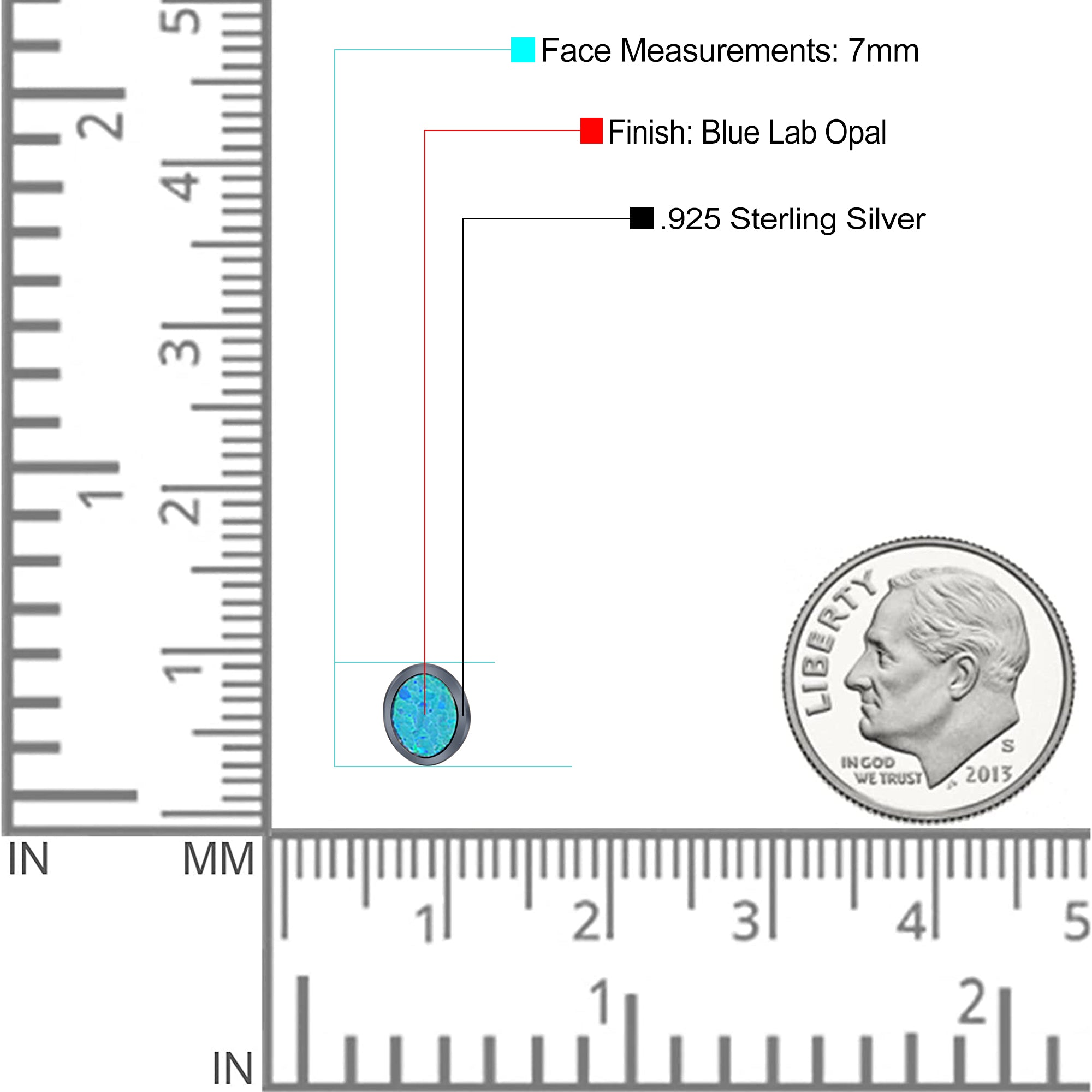 Oval Stud Earring Created Opal Solid 925 Sterling Silver (7mm)