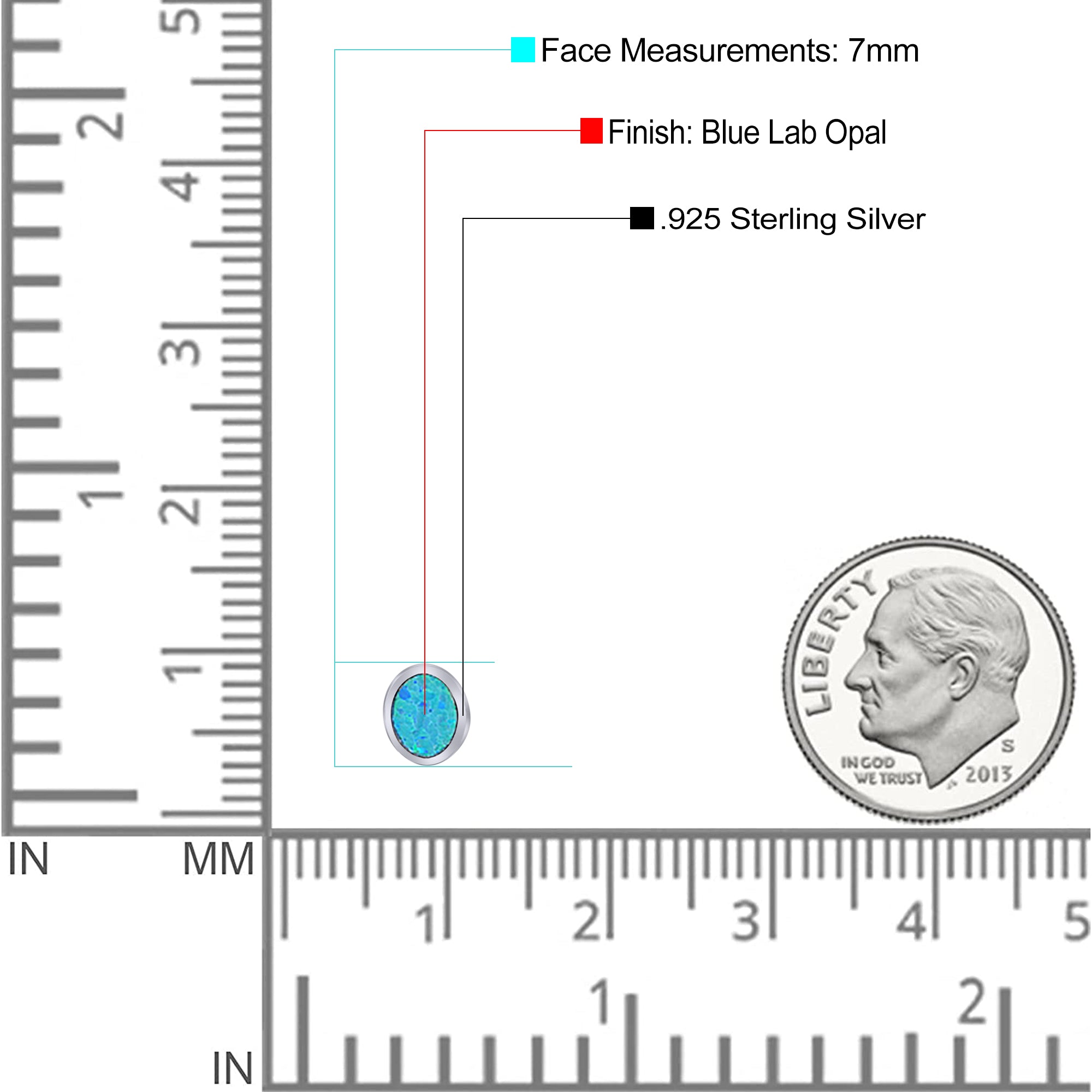 Oval Stud Earring Created Opal Solid 925 Sterling Silver (7mm)