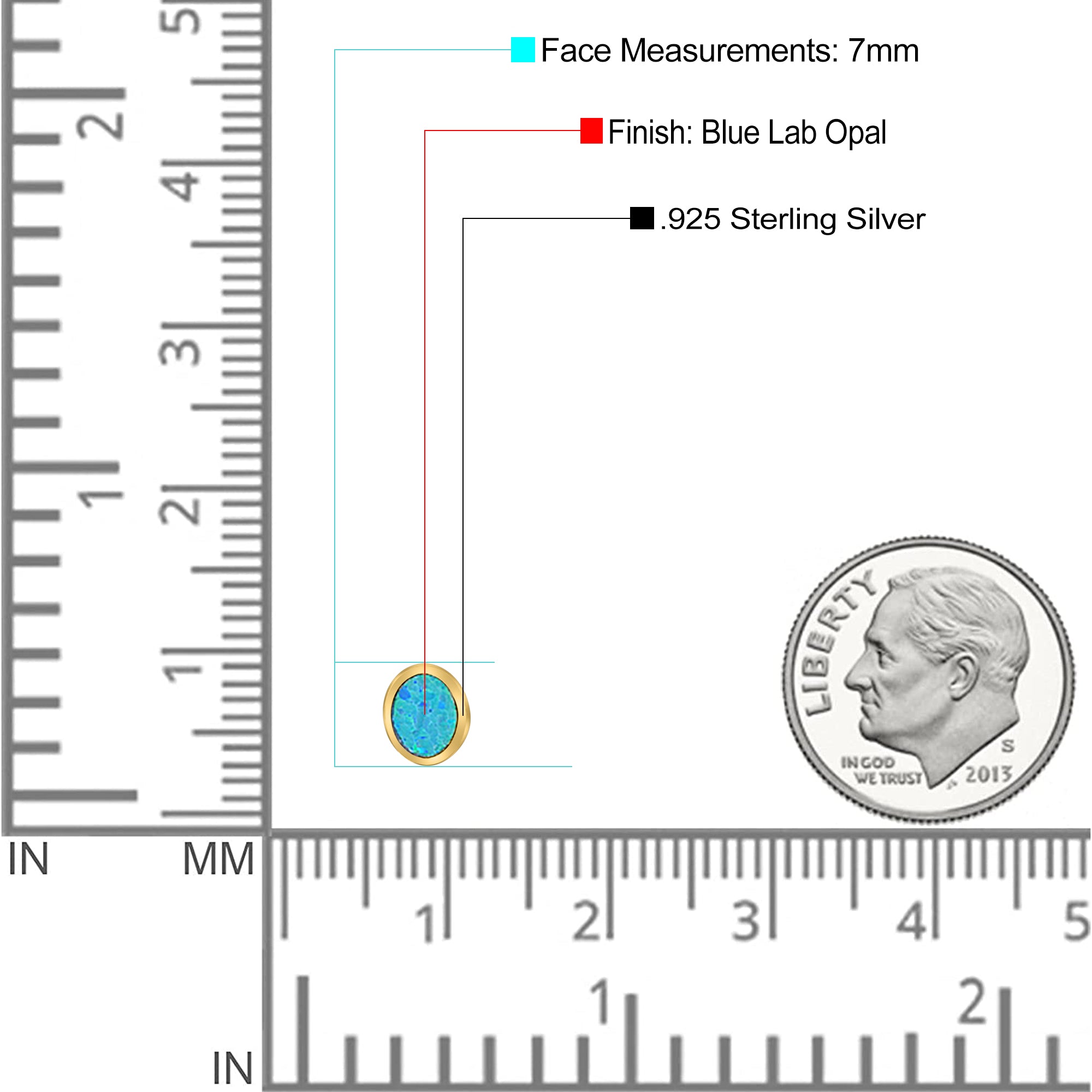 Oval Stud Earring Created Opal Solid 925 Sterling Silver (7mm)