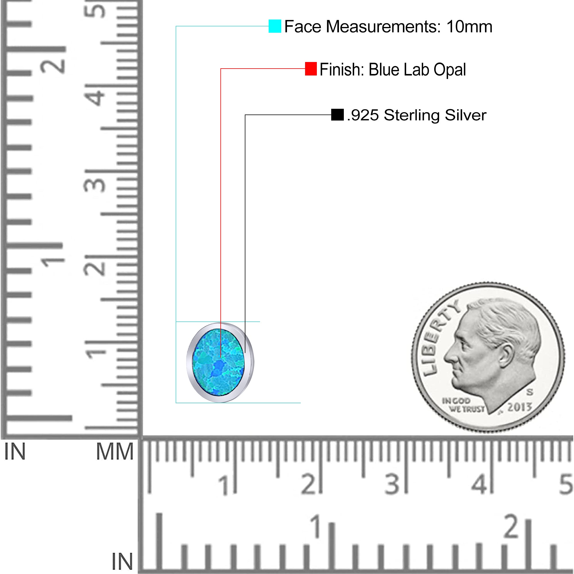 Oval Stud Earring Created Opal Solid 925 Sterling Silver (10mm)