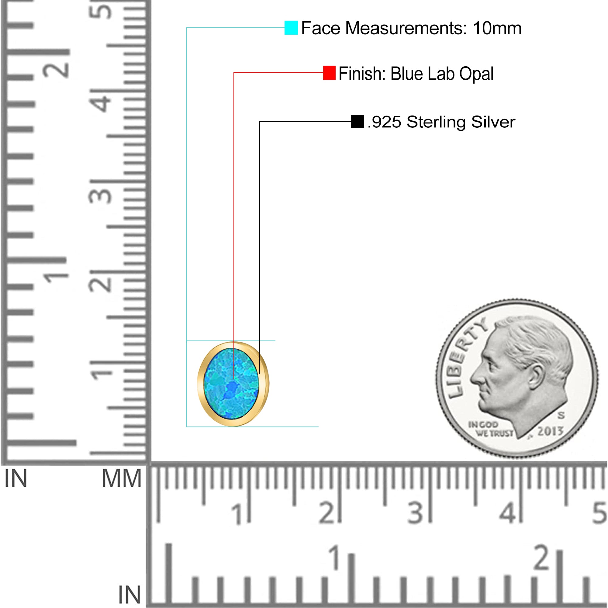 Oval Stud Earring Created Opal Solid 925 Sterling Silver (10mm)