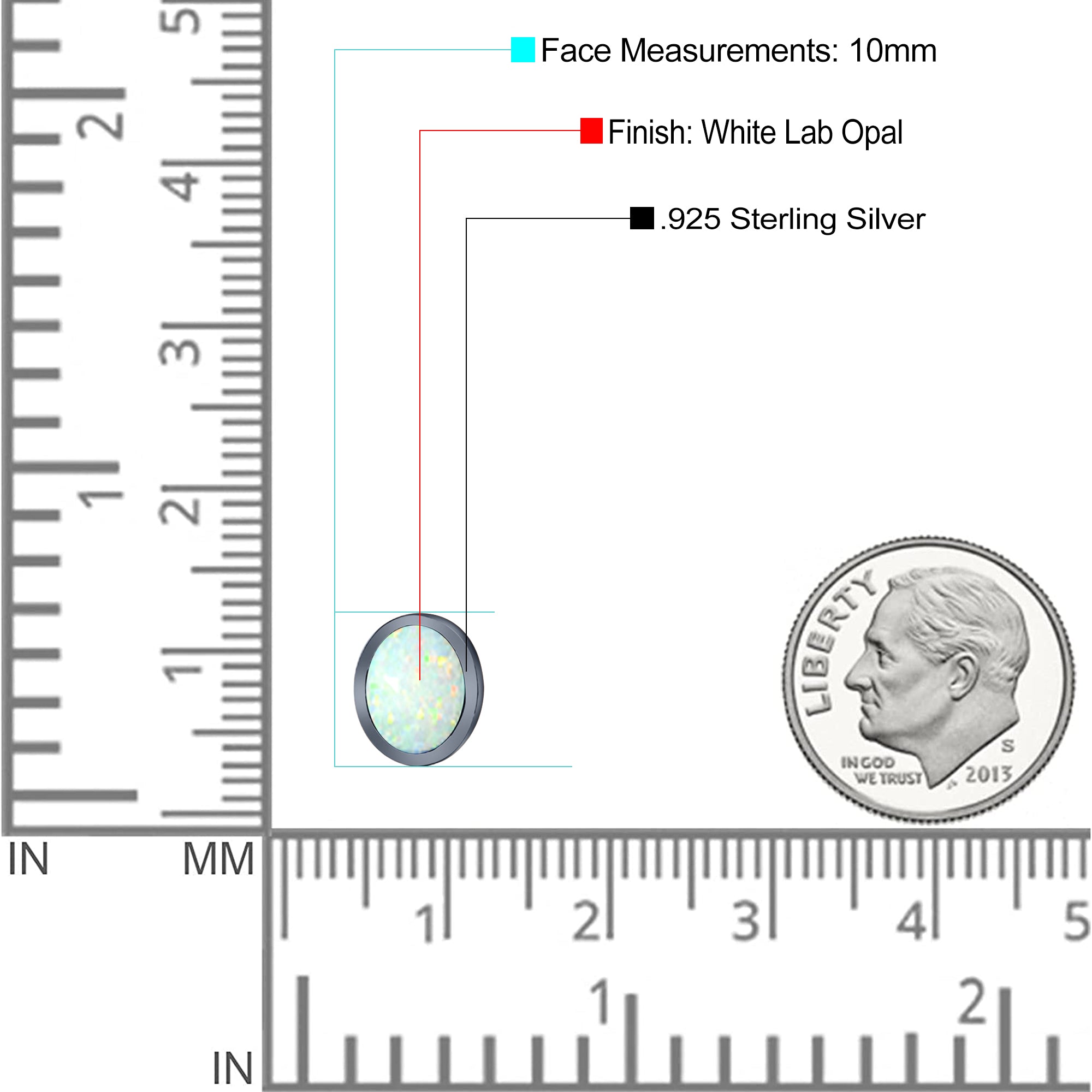 Oval Stud Earring Created Opal Solid 925 Sterling Silver (10mm)