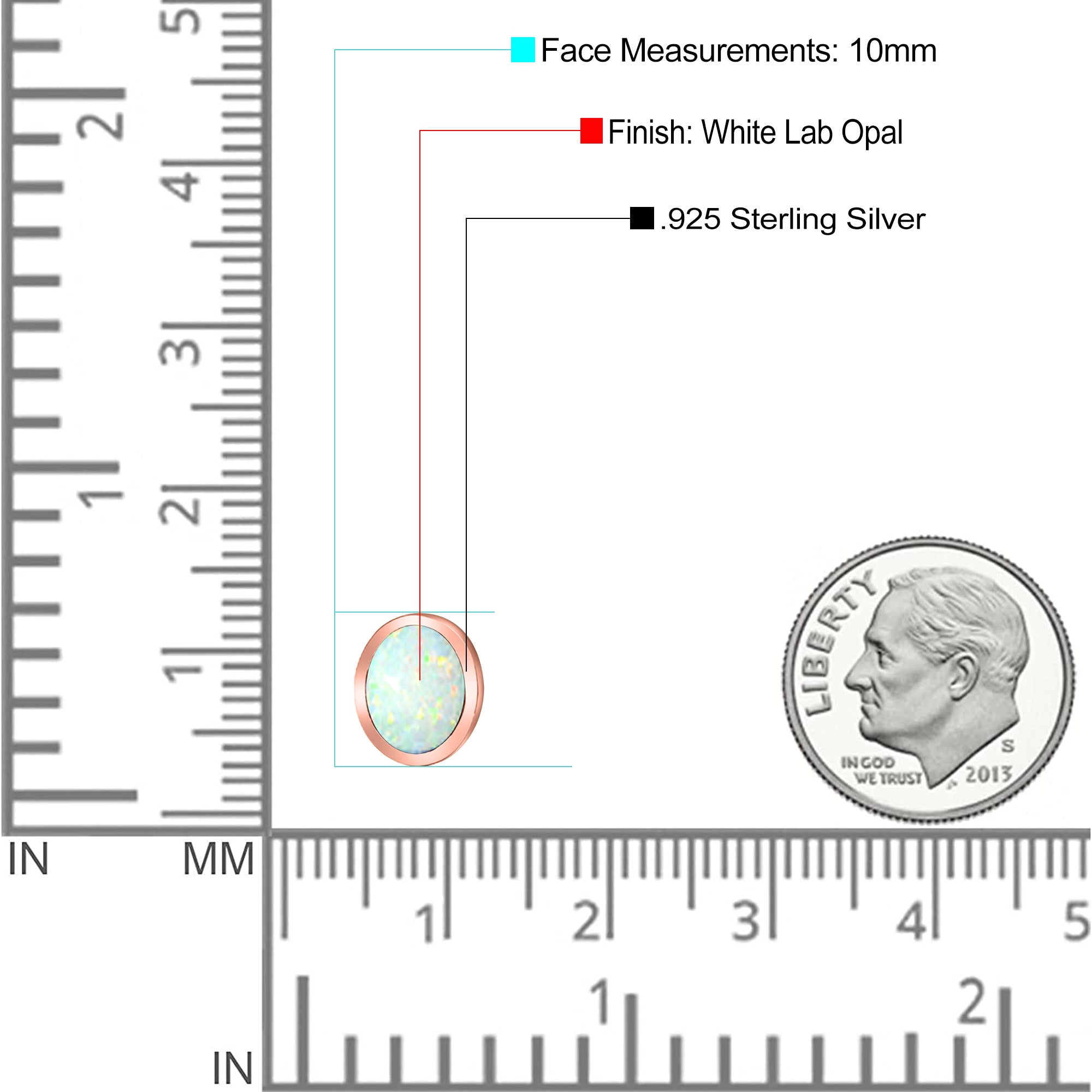 Oval Stud Earring Created Opal Solid 925 Sterling Silver (10mm)