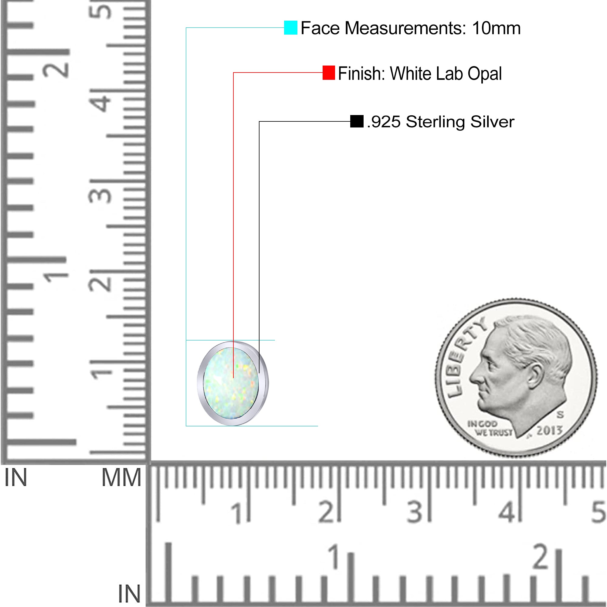 Oval Stud Earring Created Opal Solid 925 Sterling Silver (10mm)