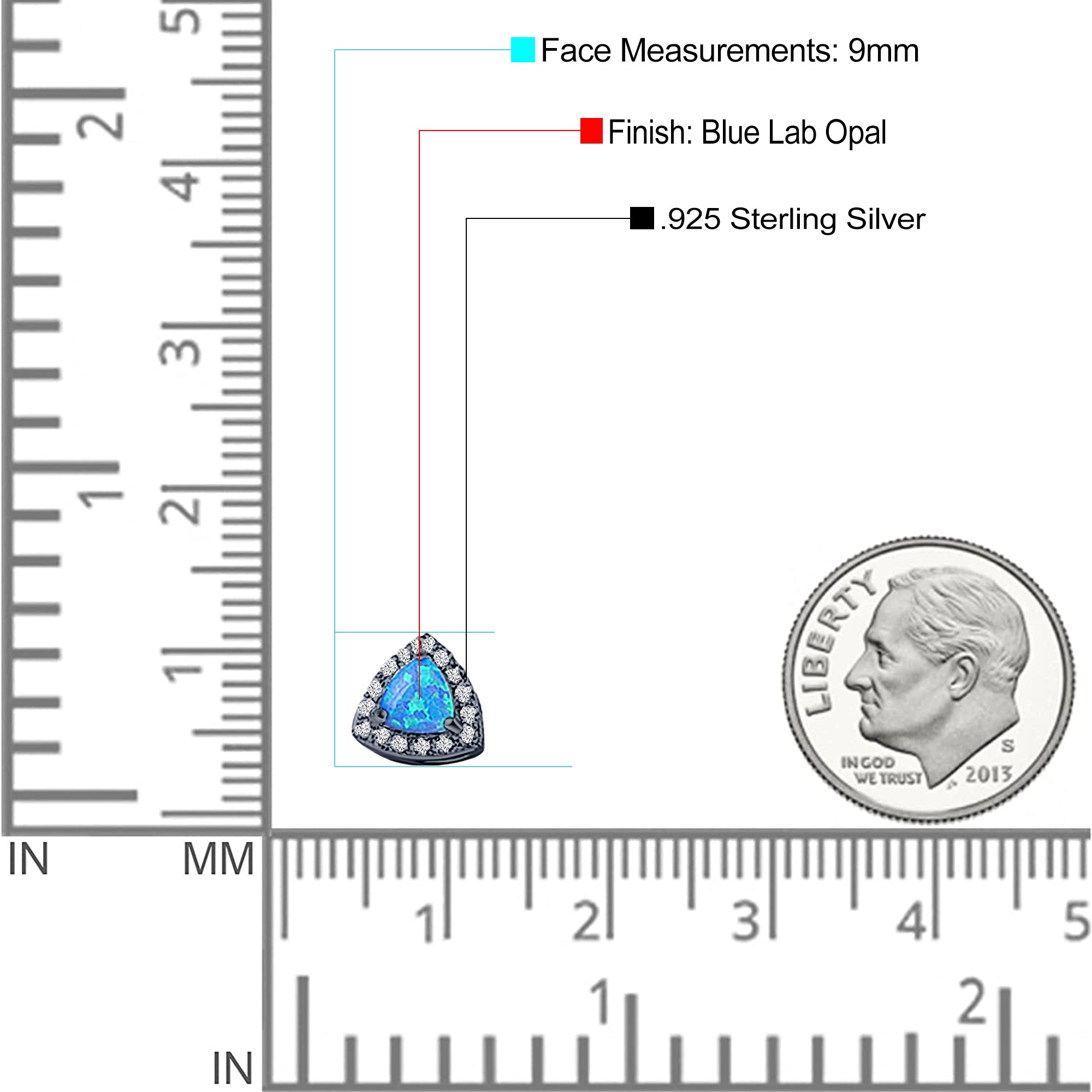 Halo Art Deco Trillion Triangle Stud Earring Created Opal Solid 925 Sterling Silver (9mm)