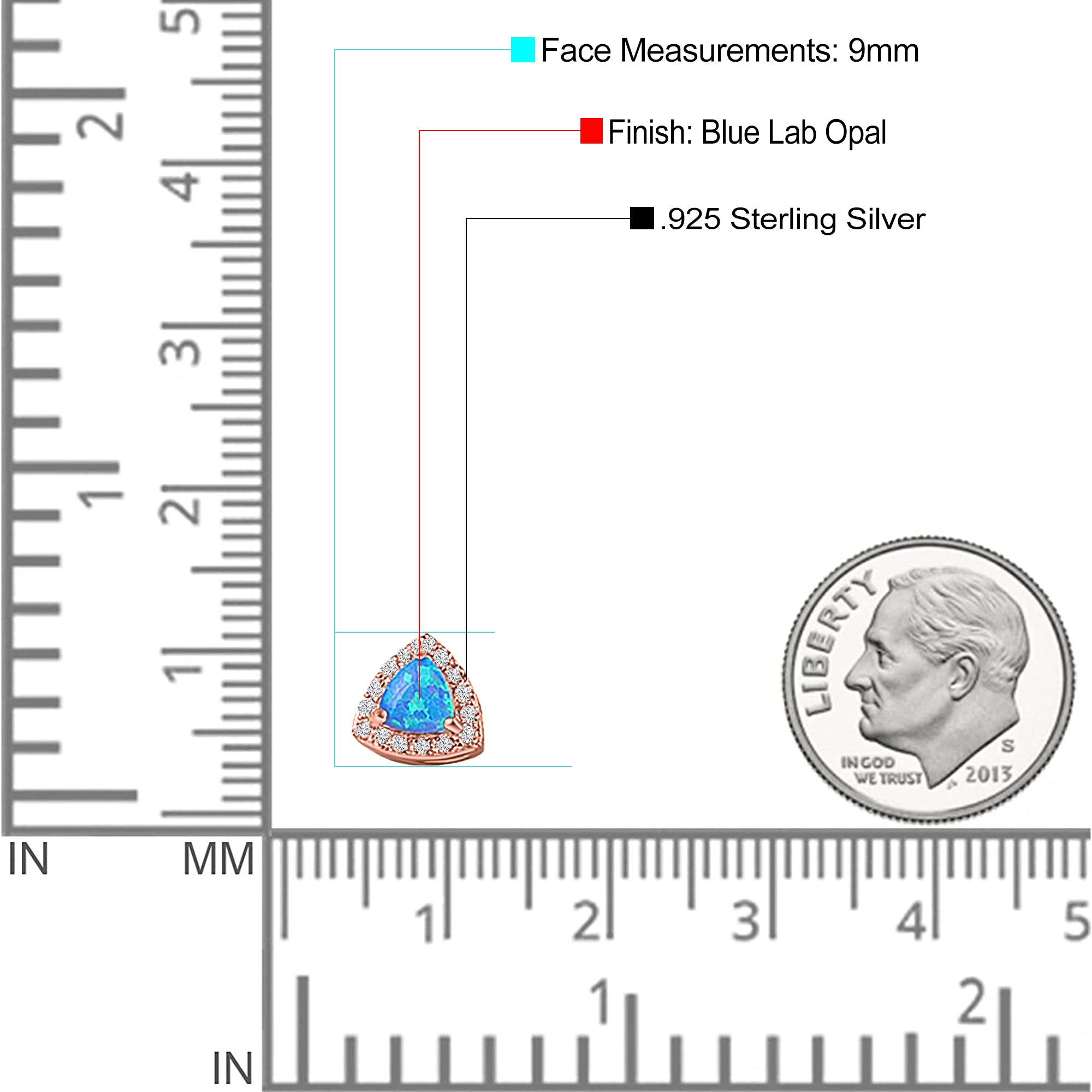 Halo Art Deco Trillion Triangle Stud Earring Created Opal Solid 925 Sterling Silver (9mm)
