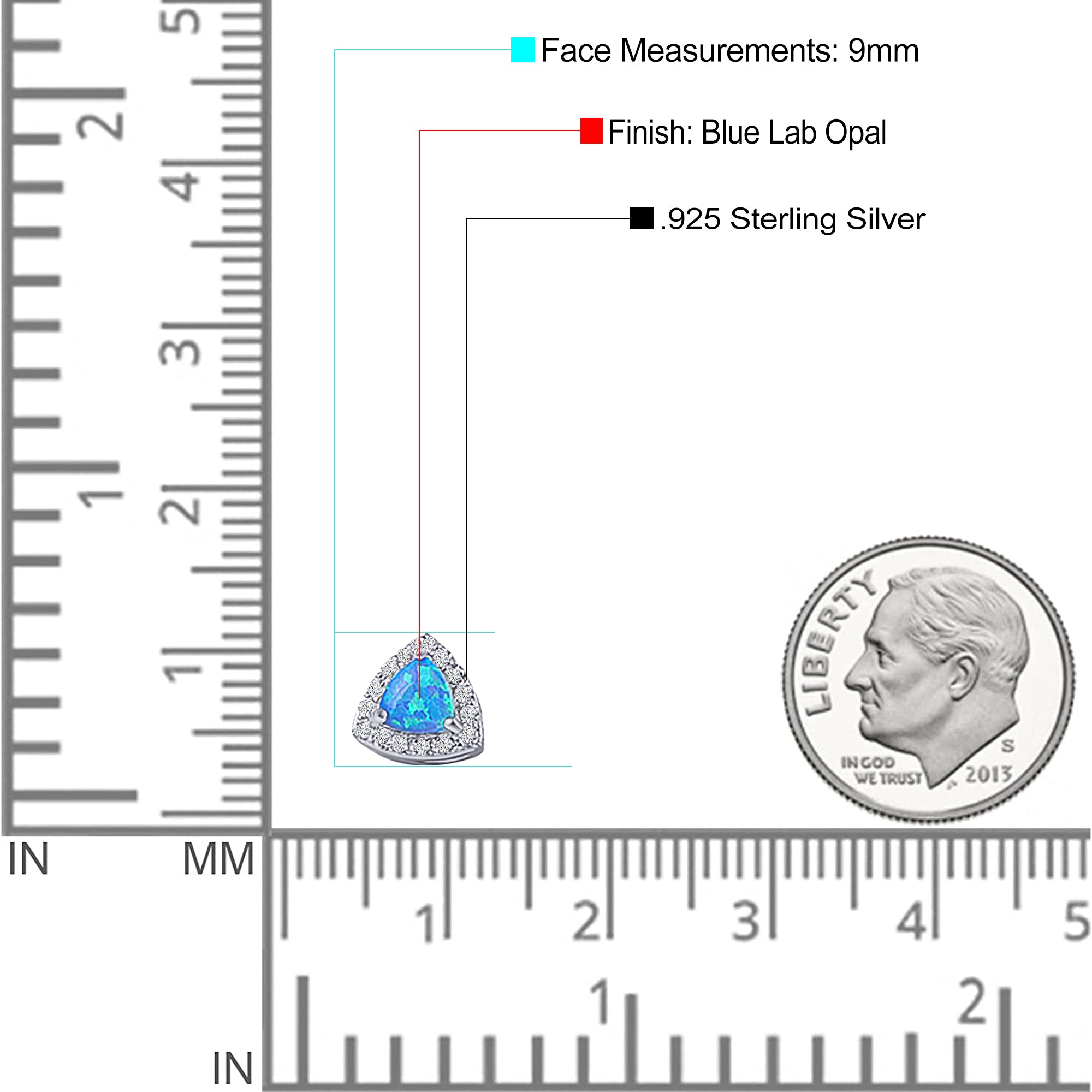 Halo Art Deco Trillion Triangle Stud Earring Created Opal Solid 925 Sterling Silver (9mm)