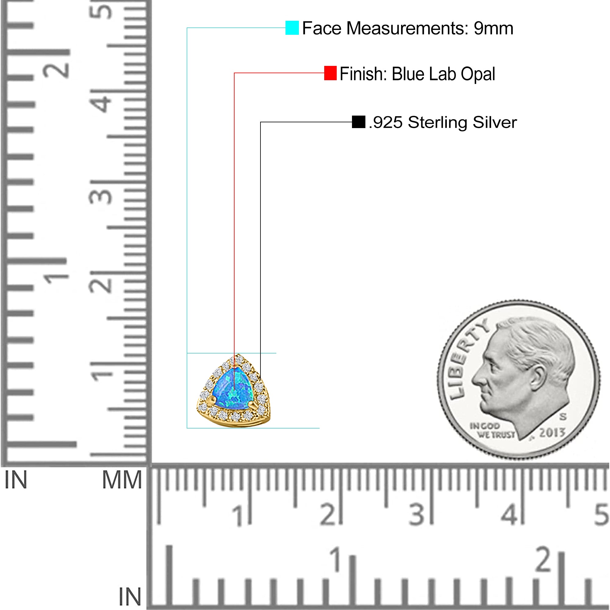 Halo Art Deco Trillion Triangle Stud Earring Created Opal Solid 925 Sterling Silver (9mm)