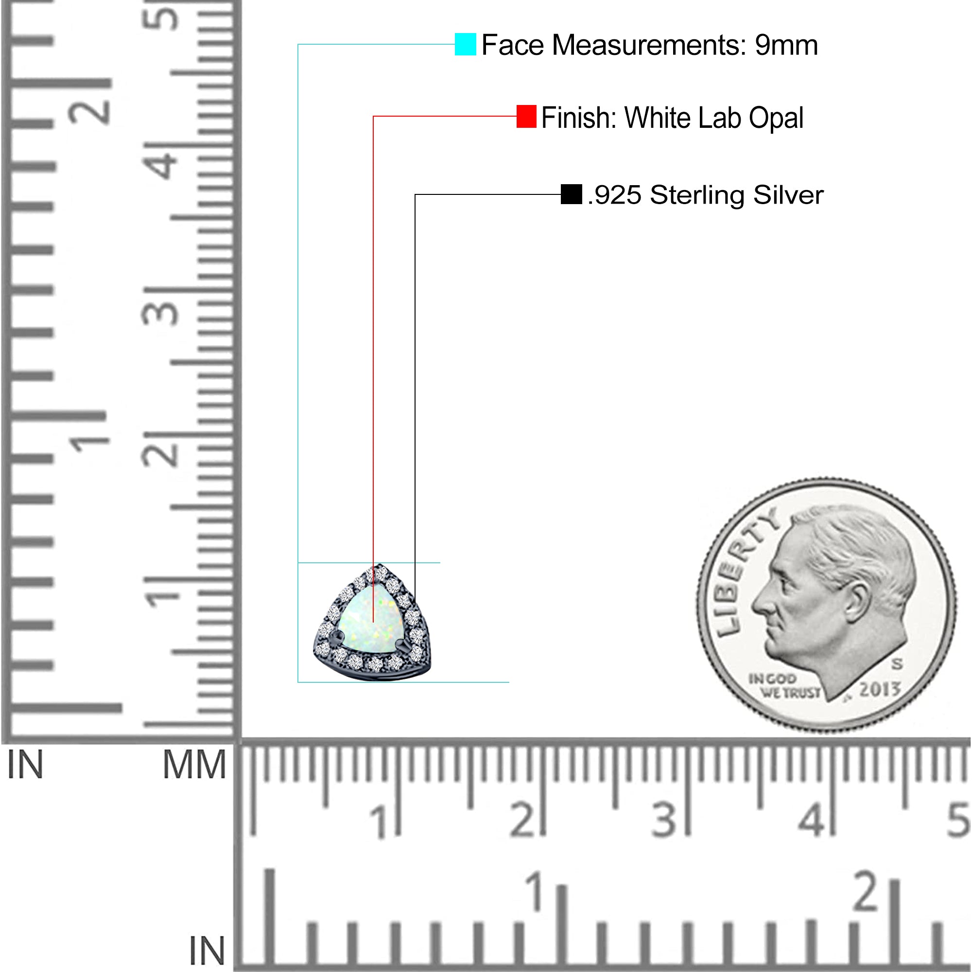 Halo Art Deco Trillion Triangle Stud Earring Created Opal Solid 925 Sterling Silver (9mm)