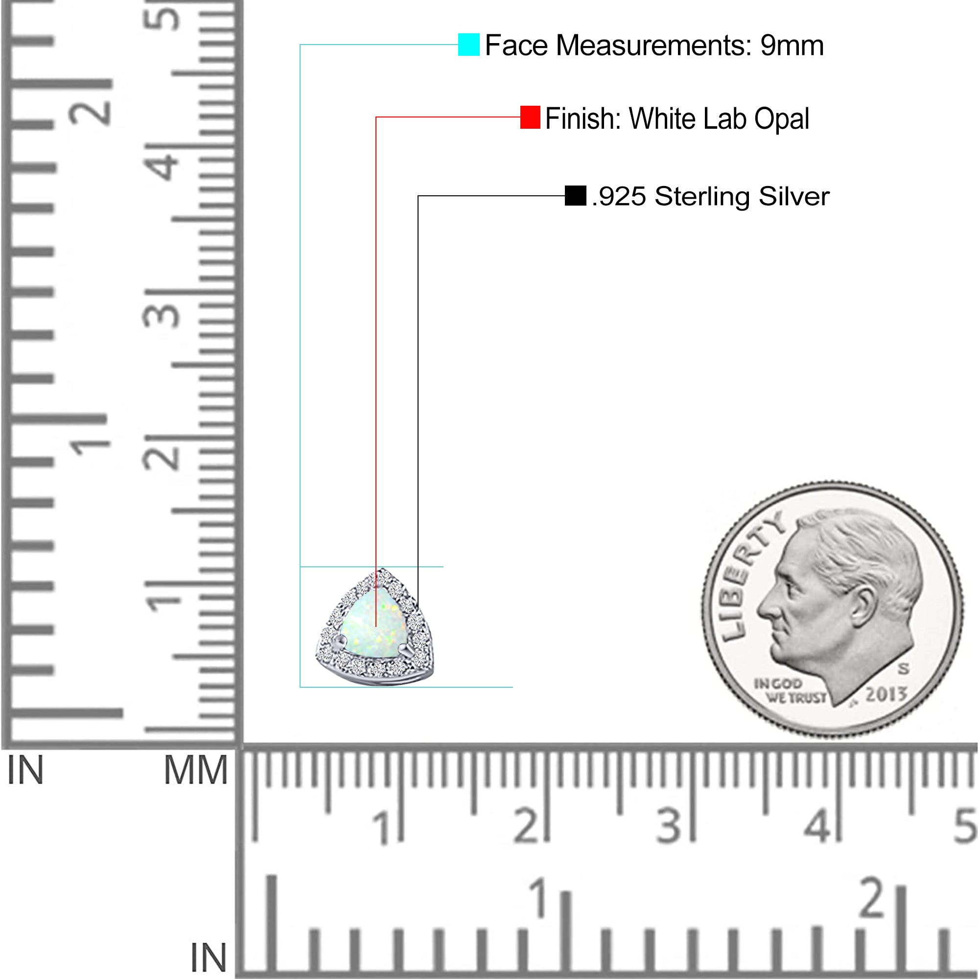 Halo Art Deco Trillion Triangle Stud Earring Created Opal Solid 925 Sterling Silver (9mm)