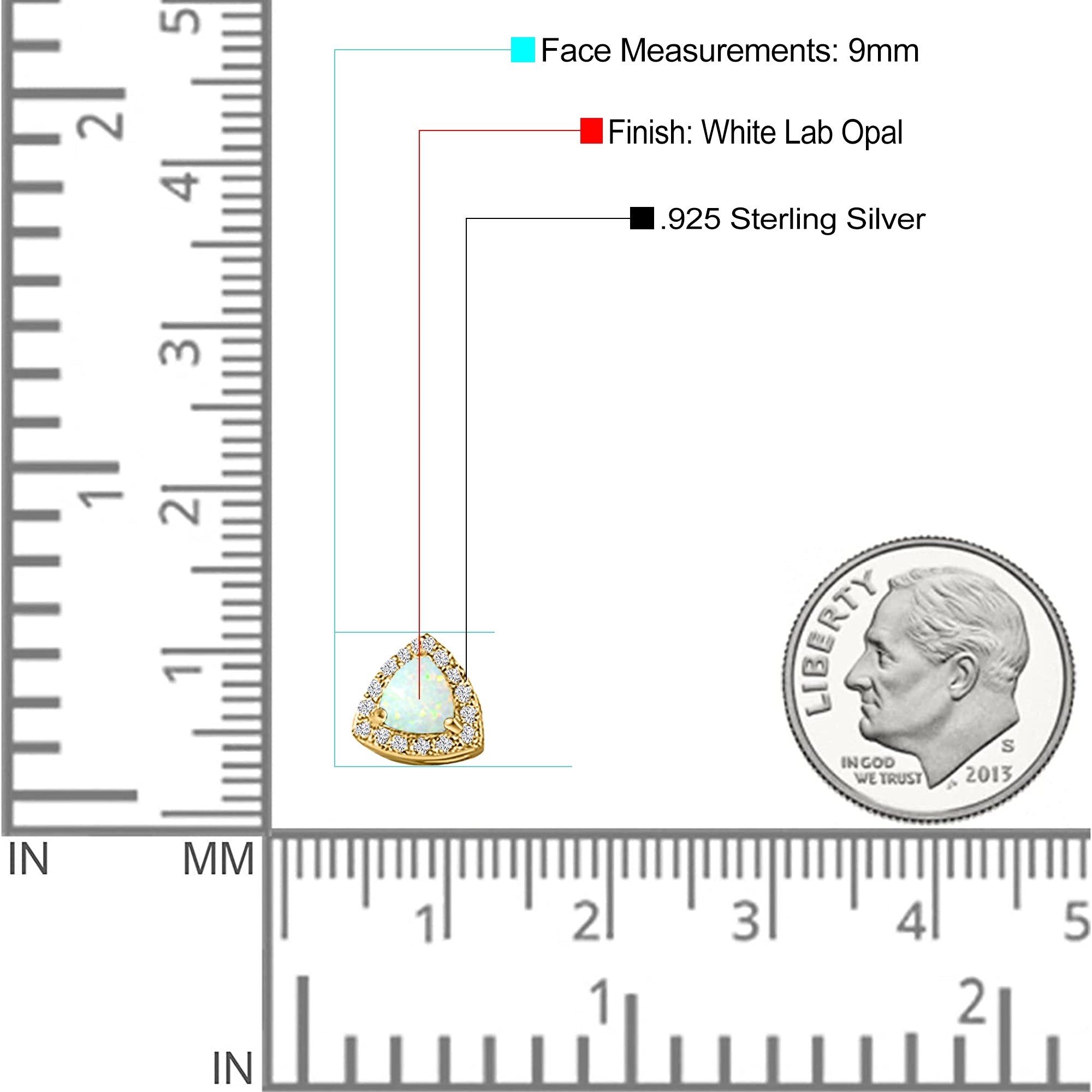 Halo Art Deco Trillion Triangle Stud Earring Created Opal Solid 925 Sterling Silver (9mm)