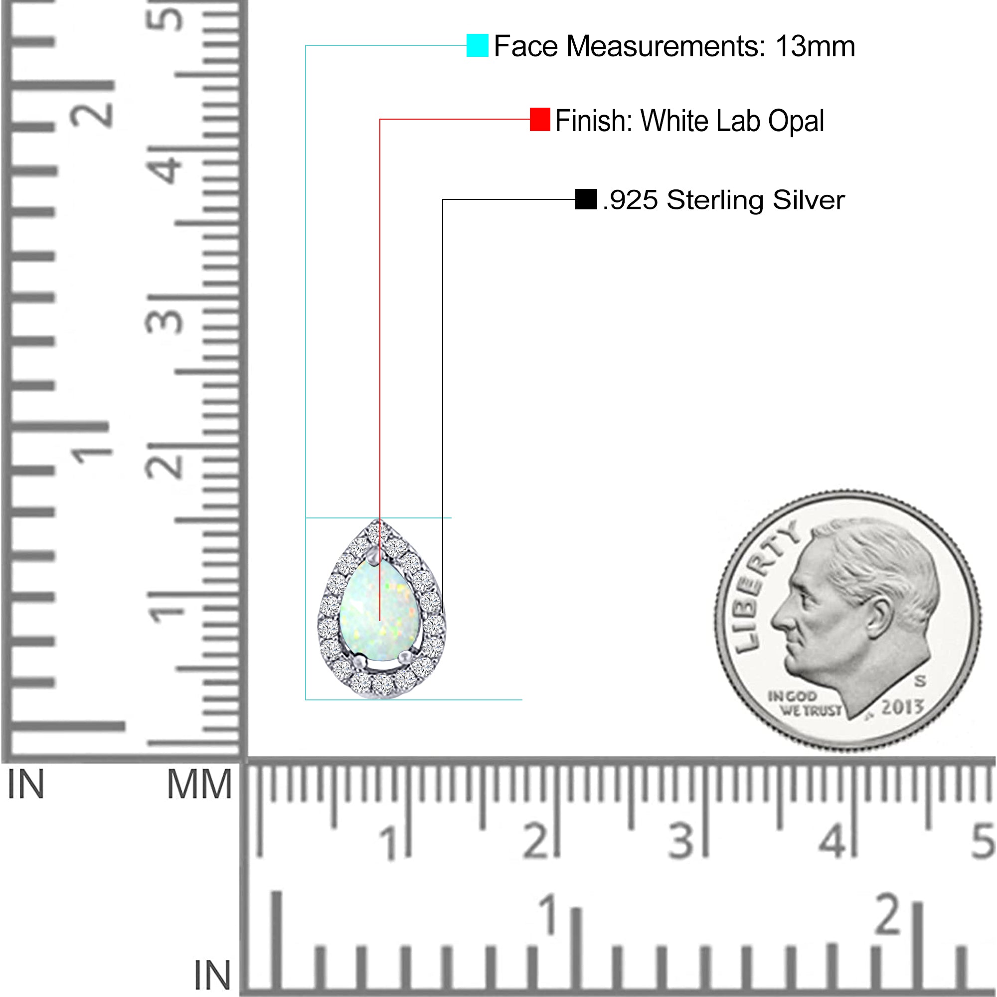 Halo Teardrop Bridal Pear Stud Earring Created Opal Solid 925 Sterling Silver (13mm)