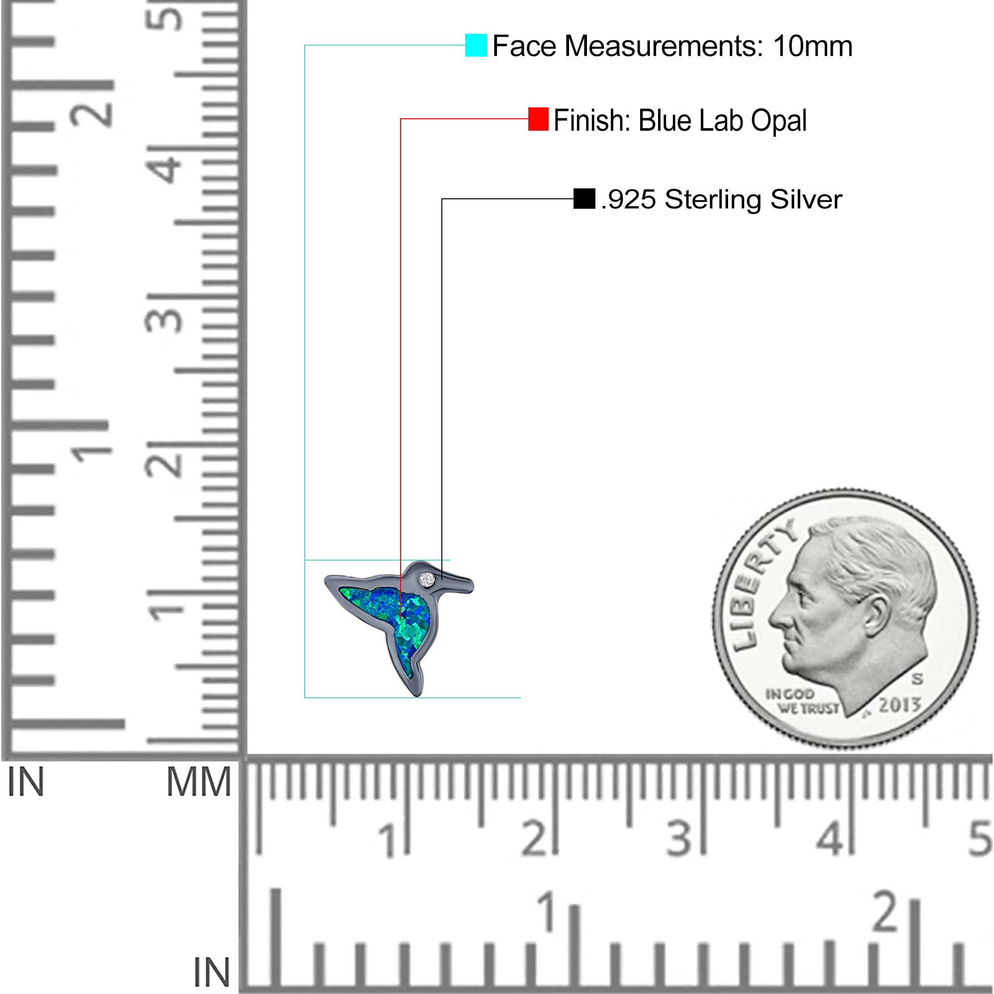 Hummingbird Stud Earring Created Opal Solid 925 Sterling Silver (10mm)