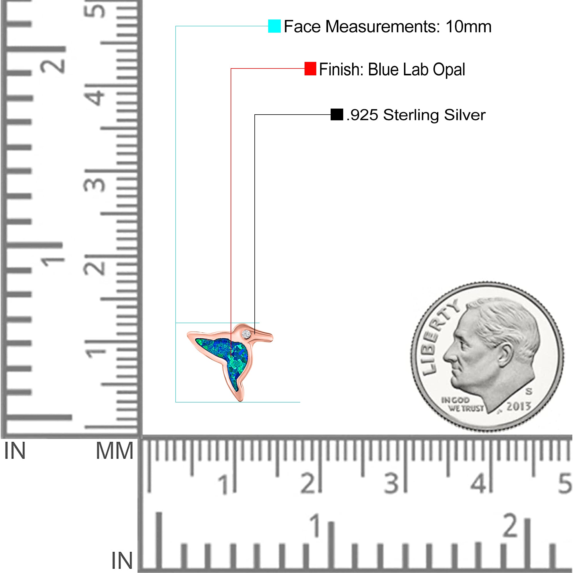 Hummingbird Stud Earring Created Opal Solid 925 Sterling Silver (10mm)