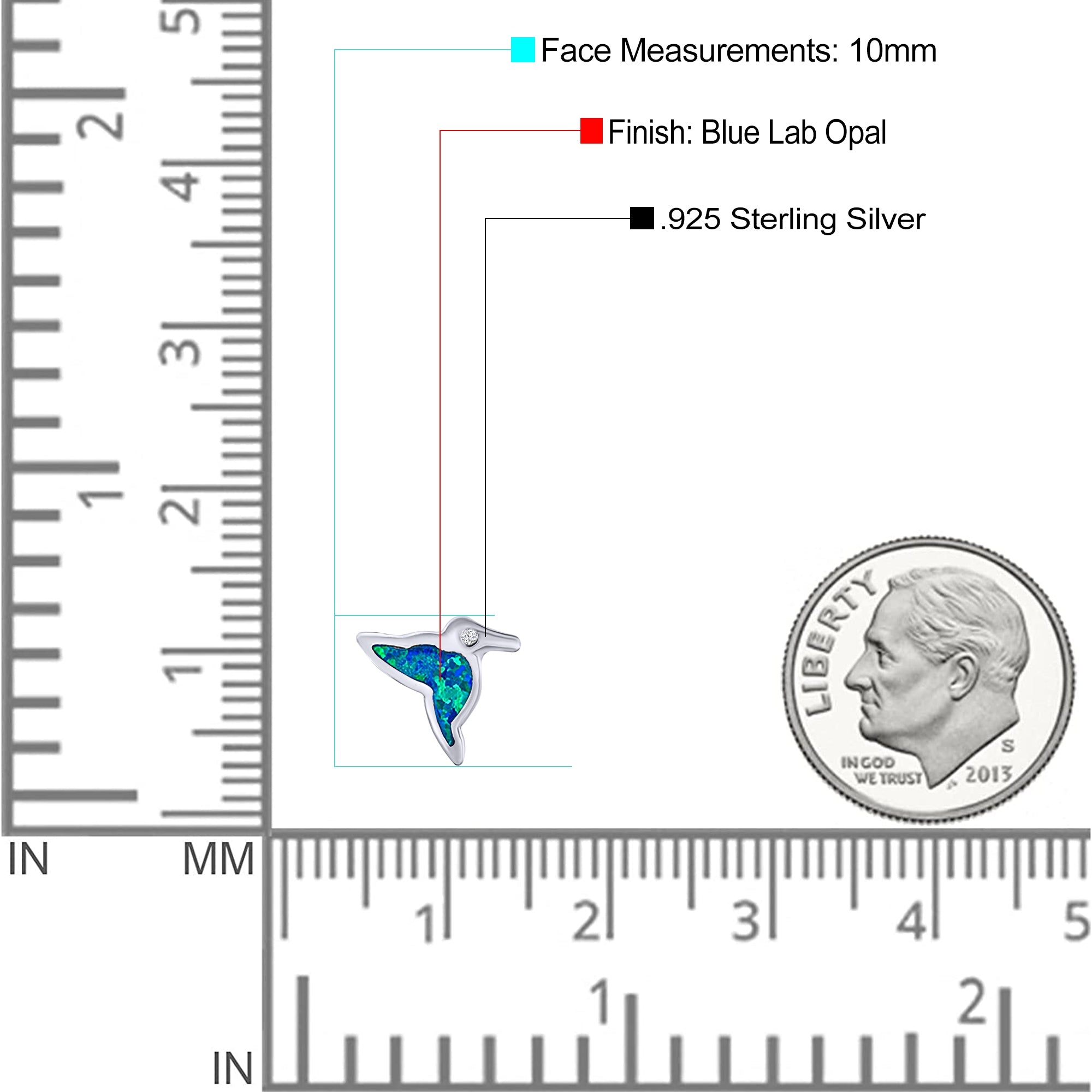 Hummingbird Stud Earring Created Opal Solid 925 Sterling Silver (10mm)