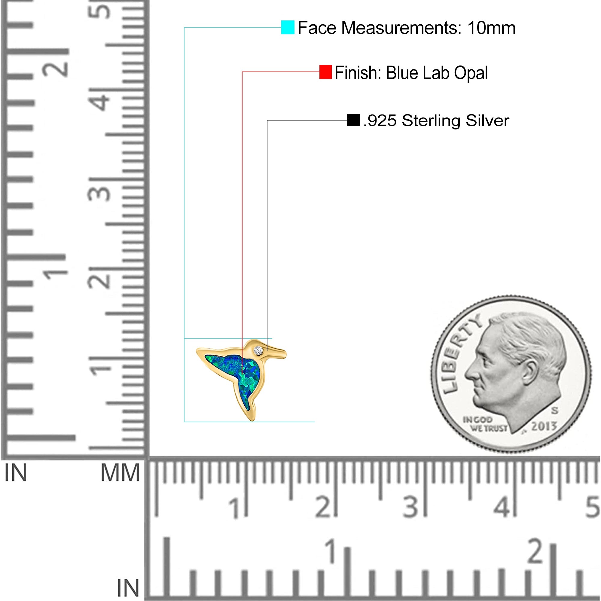 Hummingbird Stud Earring Created Opal Solid 925 Sterling Silver (10mm)