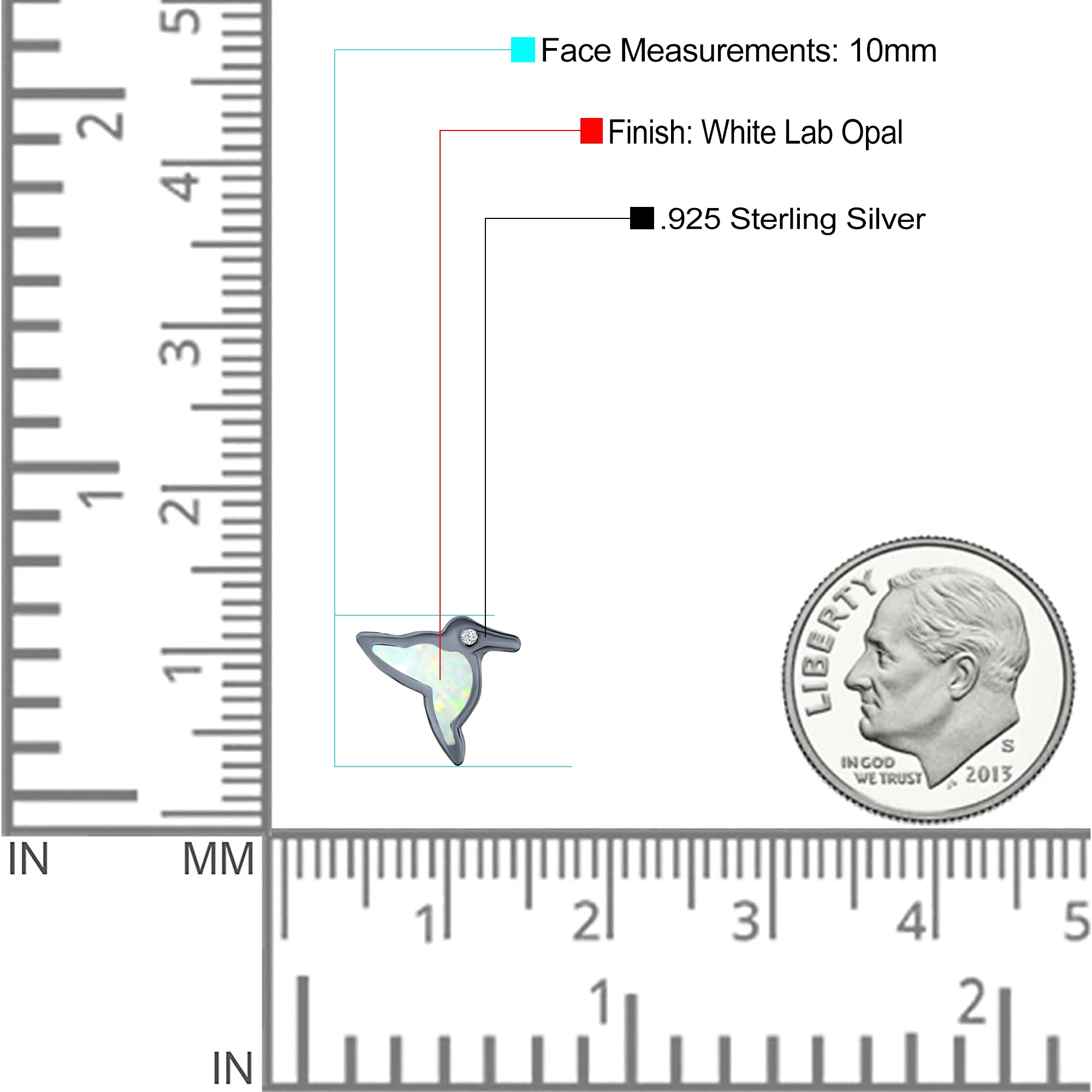 Hummingbird Stud Earring Created Opal Solid 925 Sterling Silver (10mm)