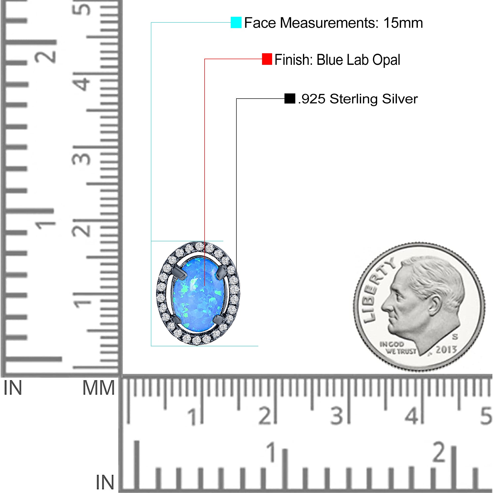Halo Art Deco Oval Stud Earring Simulated Cubic Zirconia Created Opal Solid 925 Sterling Silver (15mm)