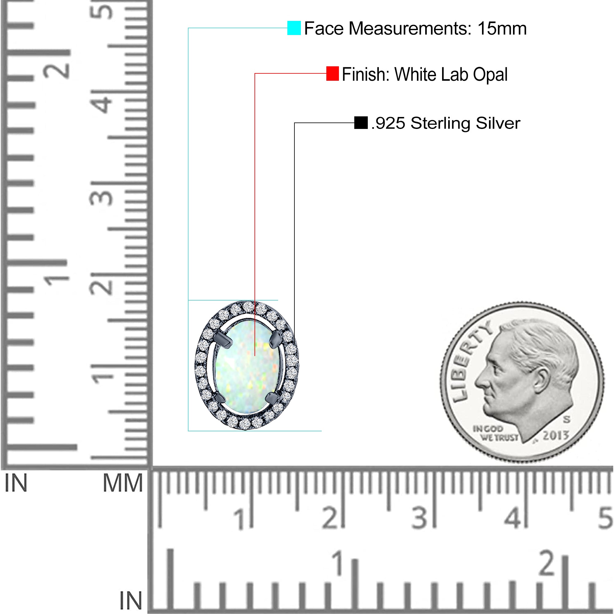 Halo Art Deco Oval Stud Earring Simulated Cubic Zirconia Created Opal Solid 925 Sterling Silver (15mm)