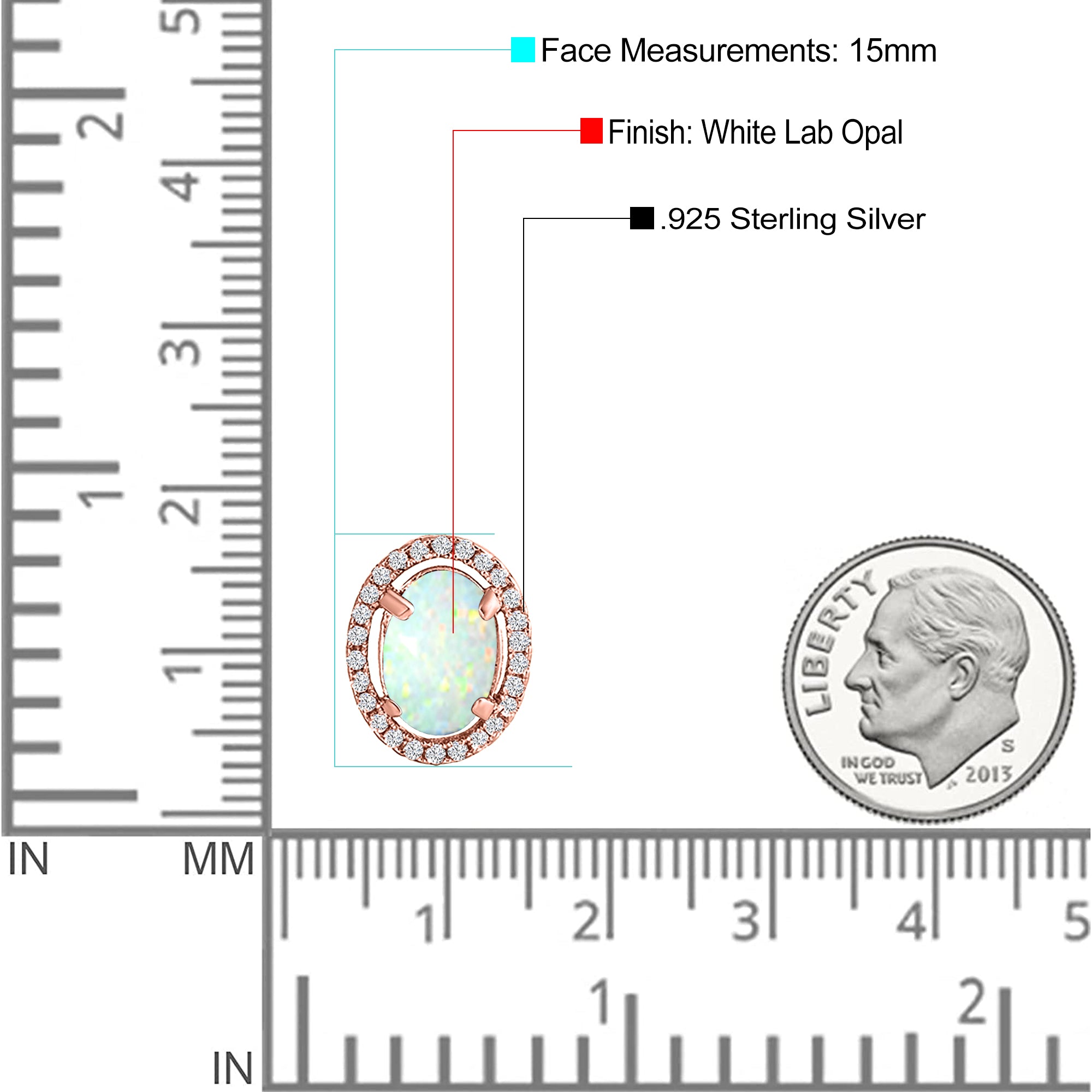 Halo Art Deco Oval Stud Earring Simulated Cubic Zirconia Created Opal Solid 925 Sterling Silver (15mm)