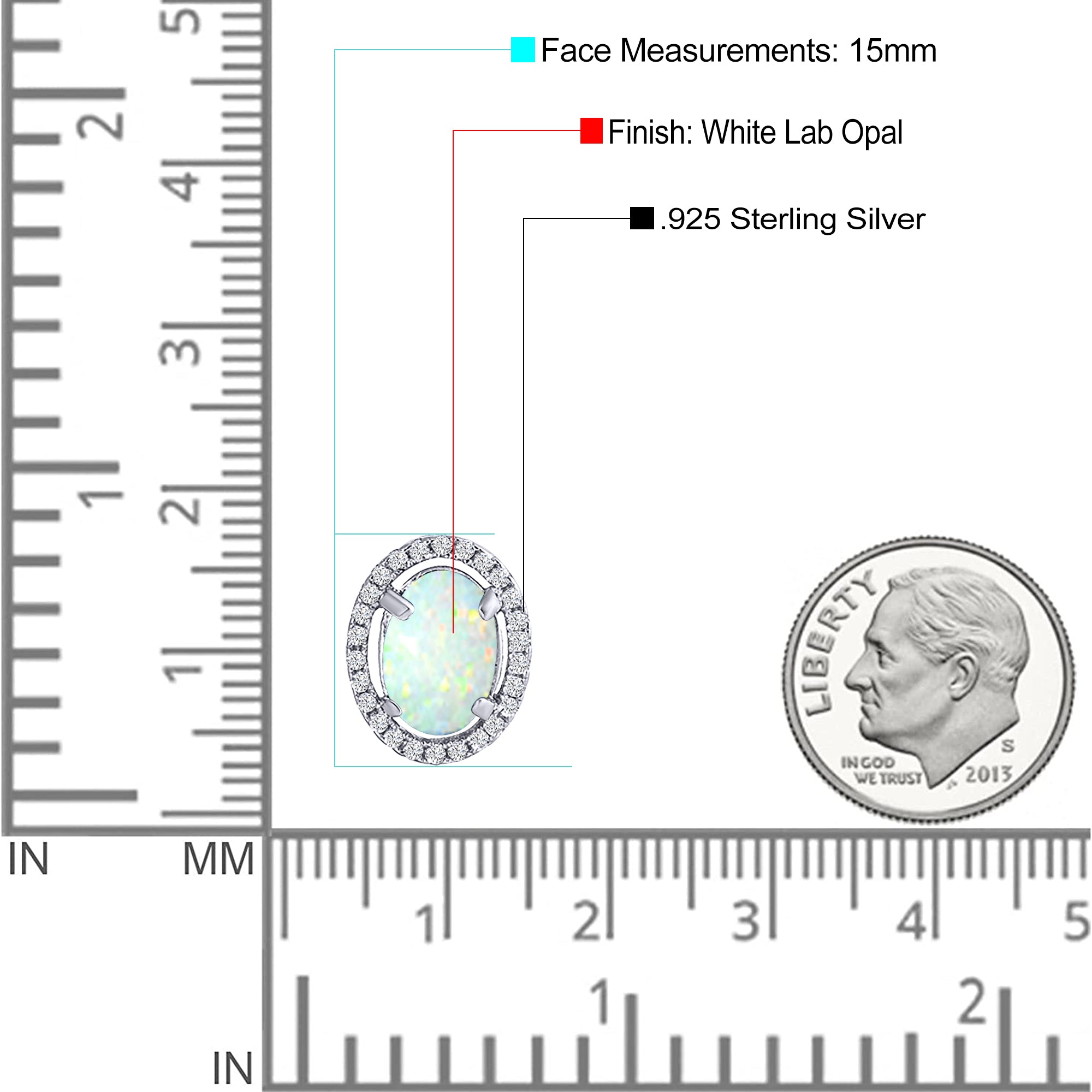 Halo Art Deco Oval Stud Earring Simulated Cubic Zirconia Created Opal Solid 925 Sterling Silver (15mm)