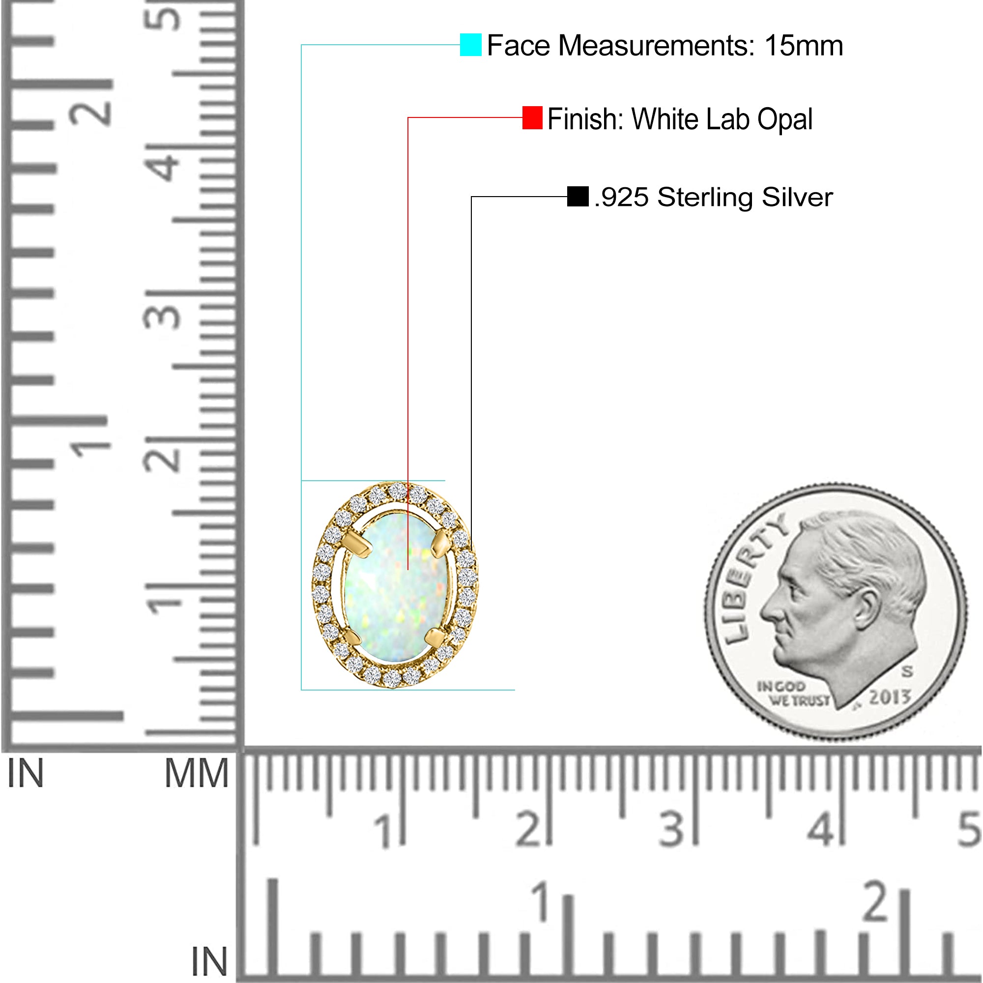 Halo Art Deco Oval Stud Earring Simulated Cubic Zirconia Created Opal Solid 925 Sterling Silver (15mm)