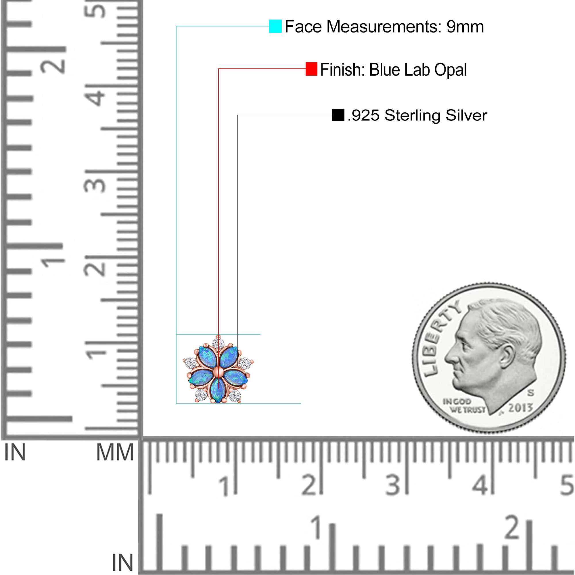 Flower Stud Earring Simulated Cubic Zirconia Created Opal Solid 925 Sterling Silver (9mm)